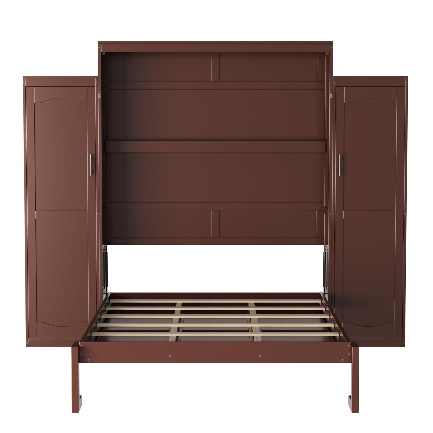 Merax Queen Size Wood Murphy Bed, with 2 Wardrobe and Storage Shelf, Multifunctional Foldable Wall Platform Bedframe for Guest-Room, Bedroom, Walnut
