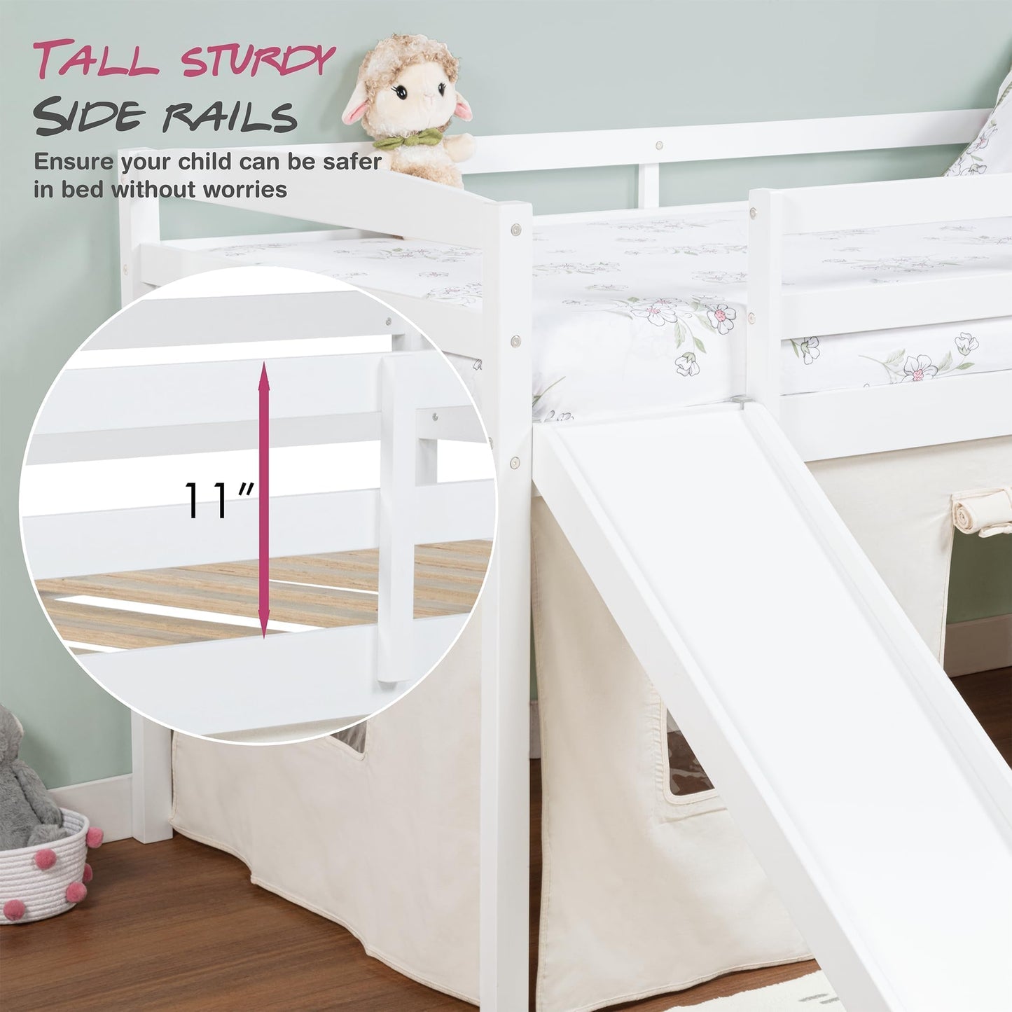 Spirich Kids Loft Bed with Slide and Ladder, Solid Wood Twin Loft Bed Frames with Curtains, Low Loft Bed with Bed Tent, No Box Spring Needed, White
