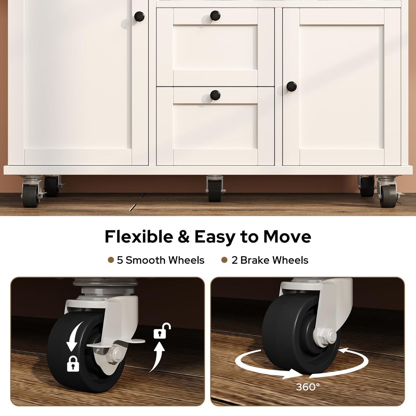 knoworld Rolling Kitchen Island with Storage Cabinet, 41.3'' Width Kitchen Cart with Desktop Drop Leaf Countertop, Portable Mobile Island with Towel Rack, Spice Rack Shelf, White