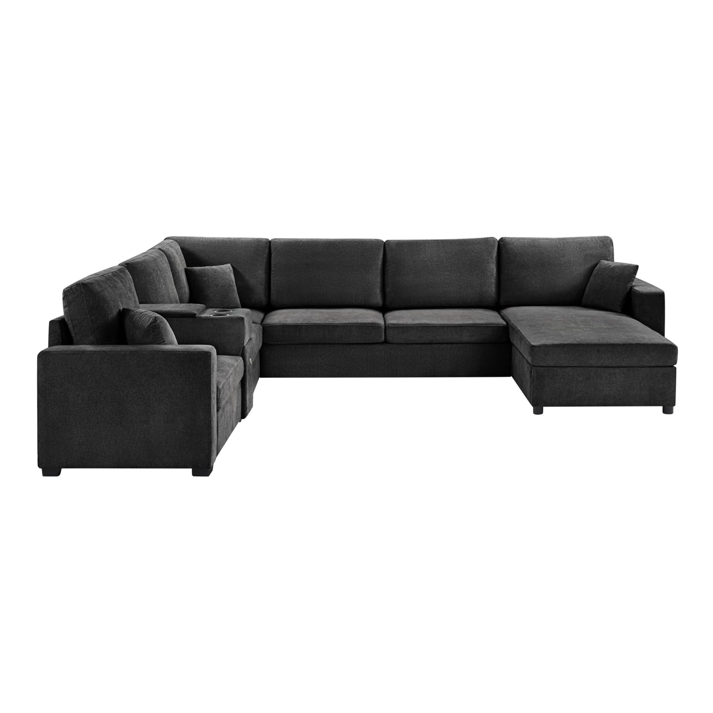 Merax Modern 134" Oversized Sectional Sofa with Piollows & Chaise Lounge, Chenille U‑Shaped Couch Set Sleeper Bed Built‑in Cup Holders, Storage Drawer for Living Room, Free Combination Black