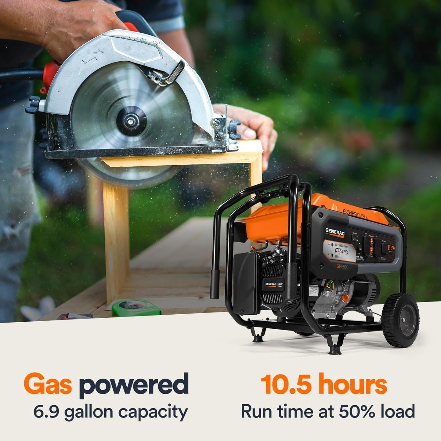Generac 8,125 Starting Watt Portable Gas Generator with Extension Cord, PowerRush Technology, COsense Carbon Monoxide Detection, 10.5 Hour Runtime, Home Backup Emergency Power, 49-State Compliant