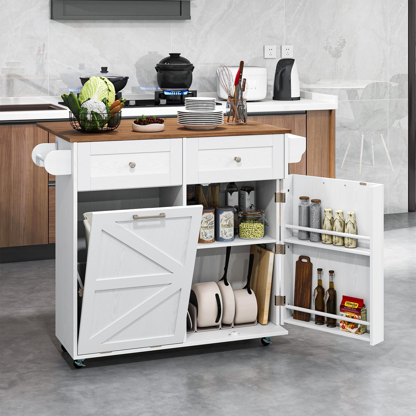 Giantex Kitchen Island Cart with Hidden Tilt Out Trash Can Cabinet, Drop Leaf, 2 Drawers, Towel Rack, Rolling Mobile Breakfast Bar Table, Wood Kitchen Storage Cart on Wheels (White & Natural)