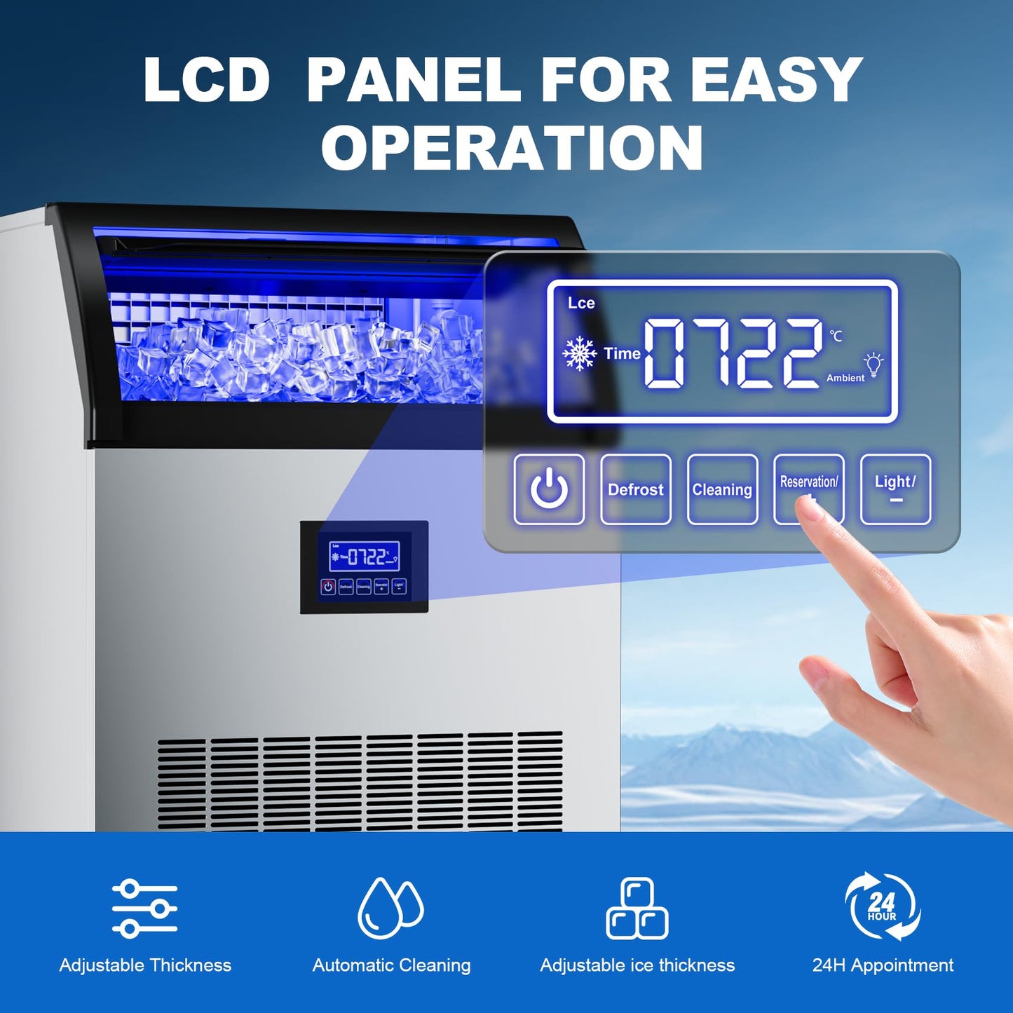 Commercial Ice Maker Machine 410Lbs/24H Freestanding Stainless Steel Under Counter Ice Maker with 80lbs Ice Storage Capacity Scoop Water Filter Pipes for Restaurant Offices Bars Home