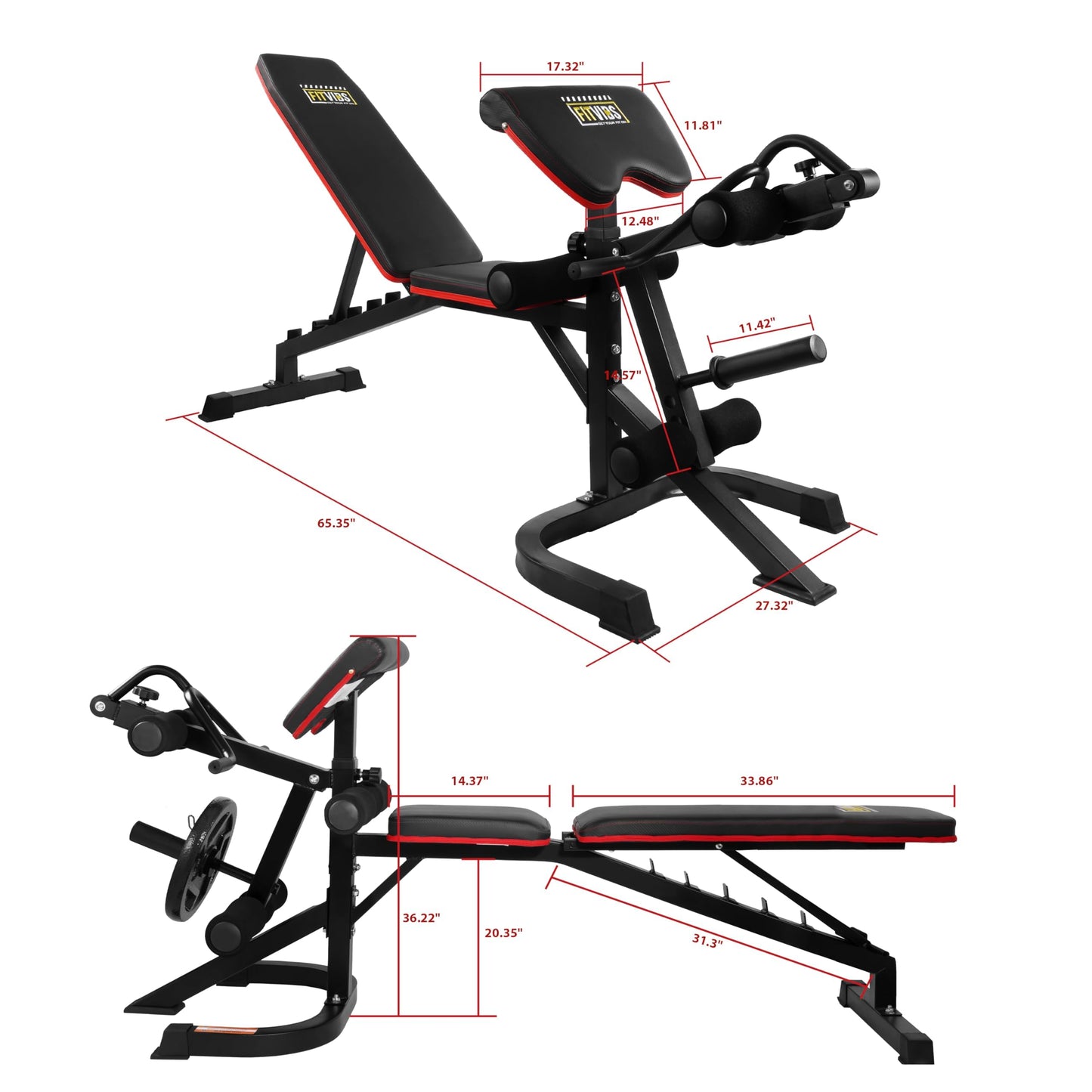 Fitvids Adjustable Weight Bench for Home Gym, 6-Position Utility Workout Bench with Leg Extension and Curl Machine, Preacher Pad, V-Handle, Weight Plate Holder, Heavy Duty Frame for Full Body Exercise