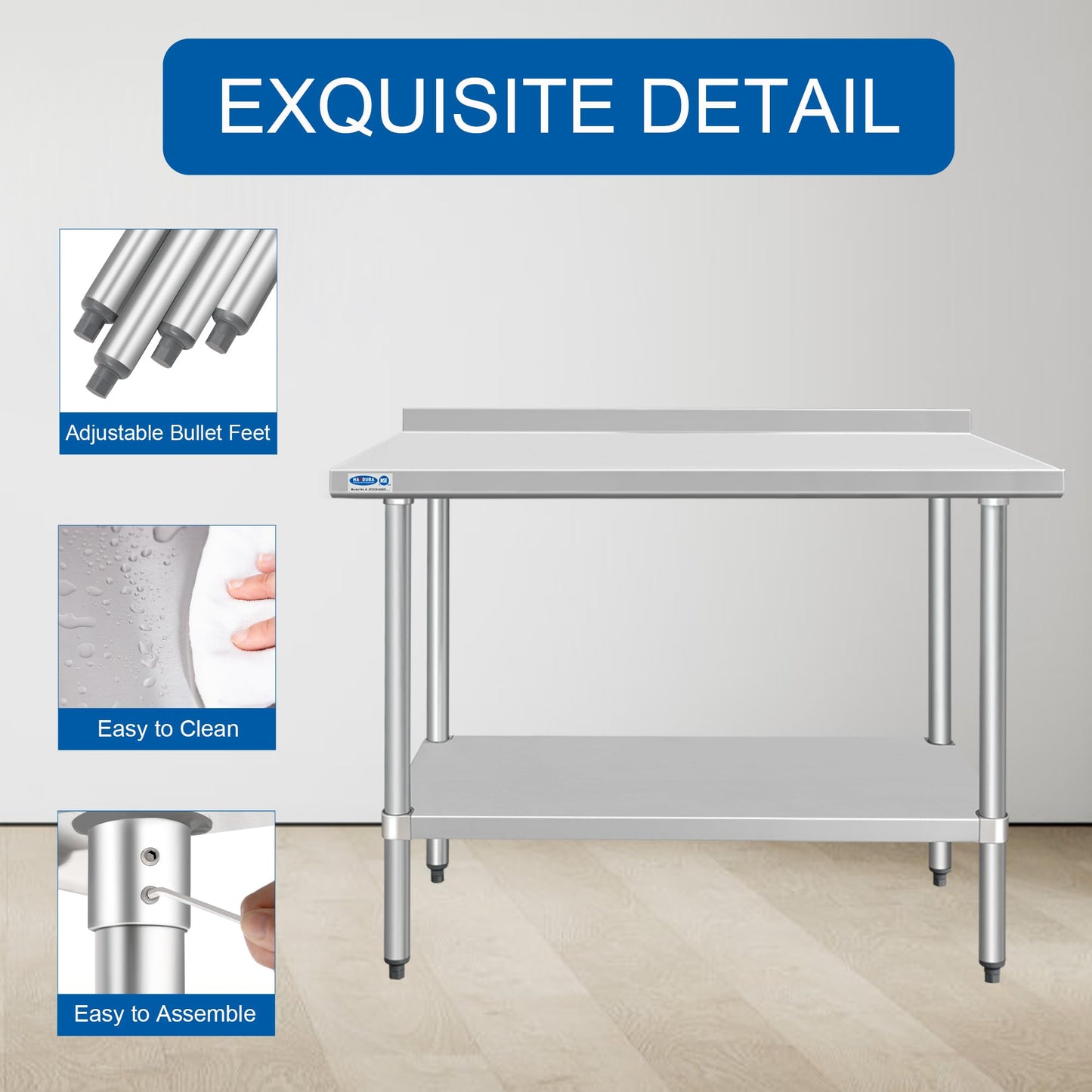 HARDURA Stainless Steel Table with backsplash 24 x 48 Inches Kitchen Prep Table Heavy Duty Stainless Steel Workbench NSF 304 with Aluminium Corner Undershelf for Commercial Restaurant