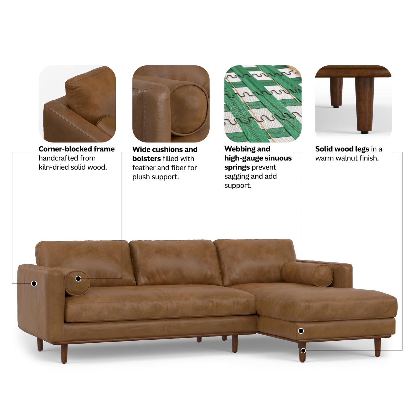 SIMPLIHOME Morrison Right Sectional Sofa in Full-Grain Genuine Leather, Caramel Brown, 102-inches Wide, L-Shaped Leather Couch with Right Chaise for the Living Room and Family Room