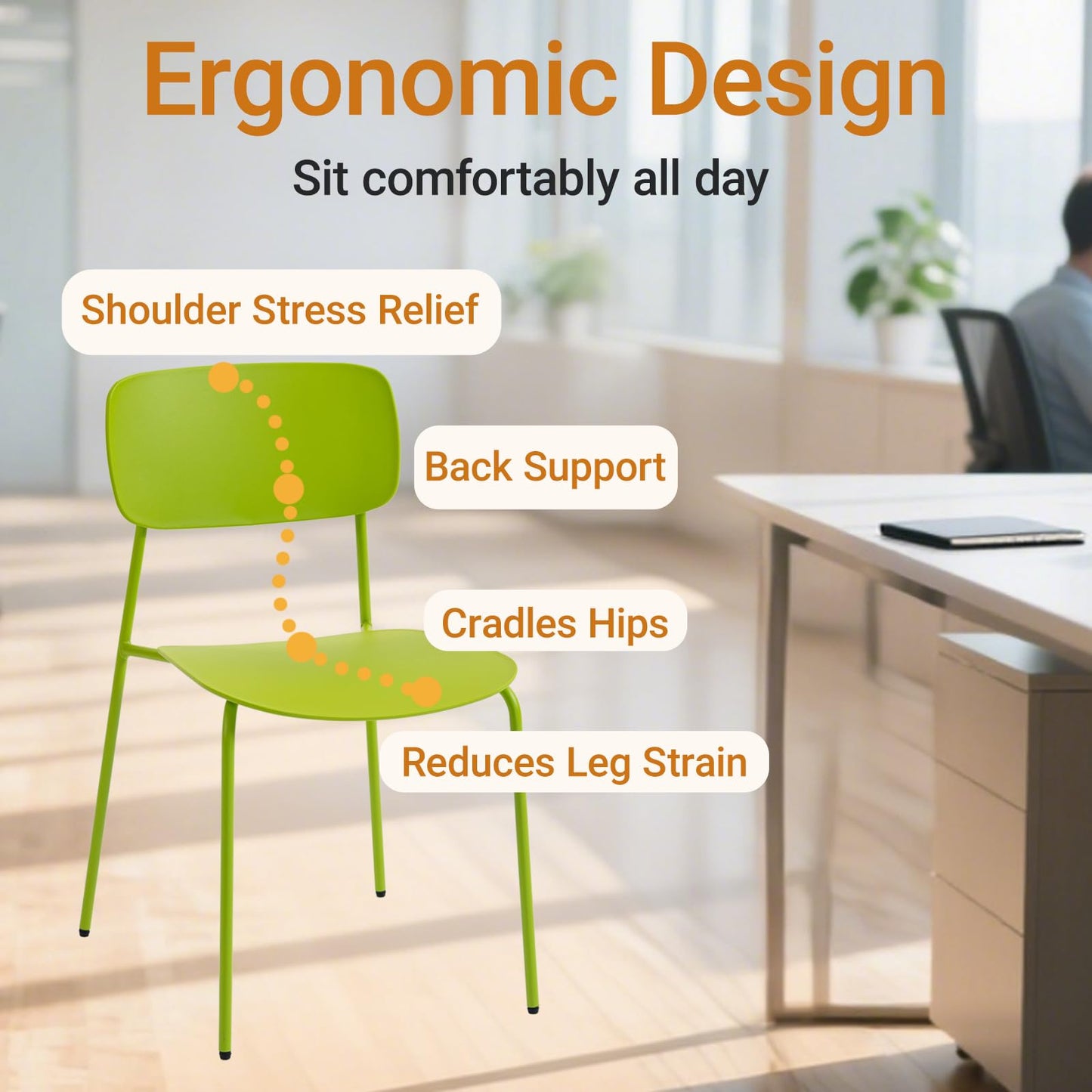 Sidanli Stackable Chairs Set of 4, Metal Waiting Room Chairs with Plastic Seat, Capacity 300lbs, Stacking Chairs for Office Conference Break Room Lobby, Green