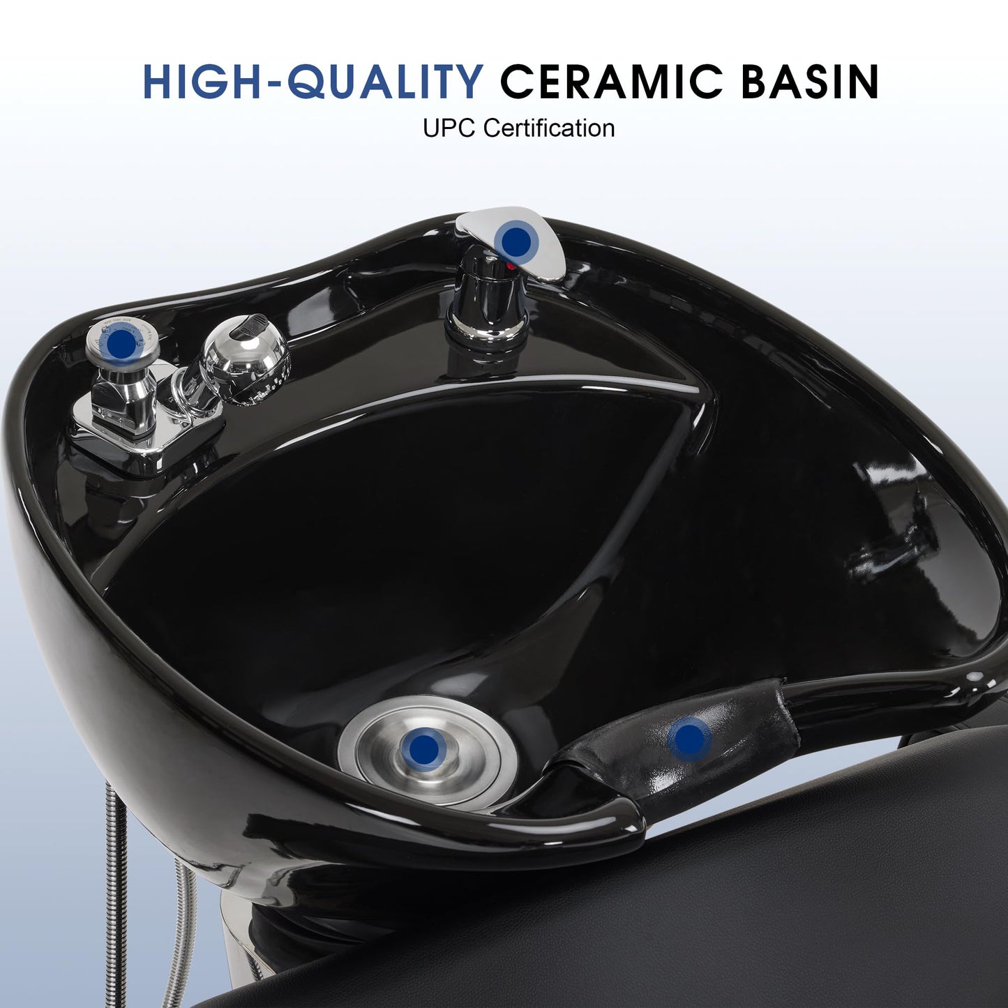 BarberPub Backwash Shampoo Station Chair, Adjustable Porcelain Ceramic Hair Wash Bowl Sink Unit Station, Reclining Shampoo Station Chair for Spa Beauty Salon Hair Salon Equipment 9303 (Black)