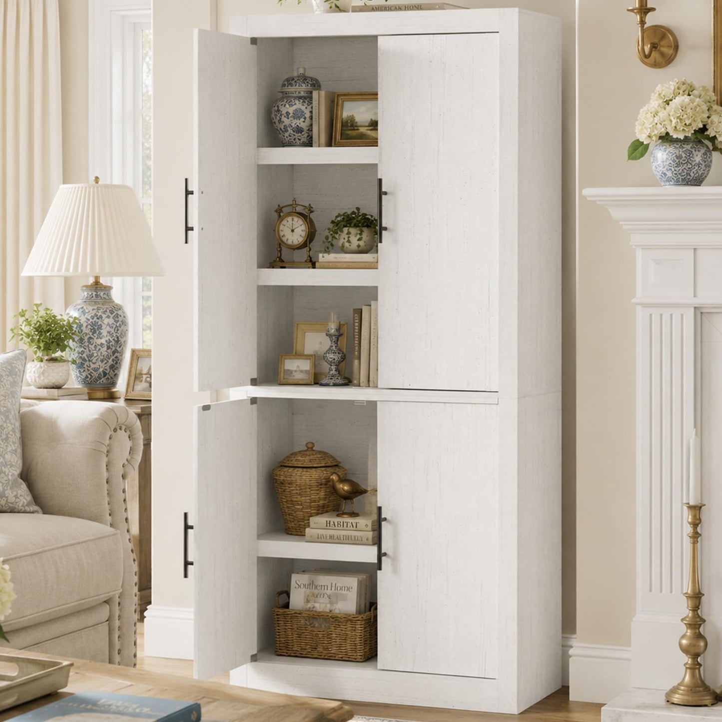 Garvee 70.4" Farmhouse Kitchen Pantry Cabinet with Doors and Adjustable Shelves, Avoids Dust, Tall Freestanding Storage Cabinet for Kitchen, Microwave Stand & Dining Room Organization, Rustic White