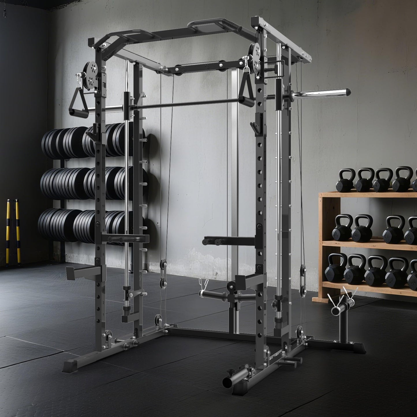 Garvee Power Cage, Smith Machine Squat Rack, Heavy Duty Power Rack for Home Gym with Pulley System, Dip Bar, LAT Pulldown, Multifunctional Squat Rack for Home Gym