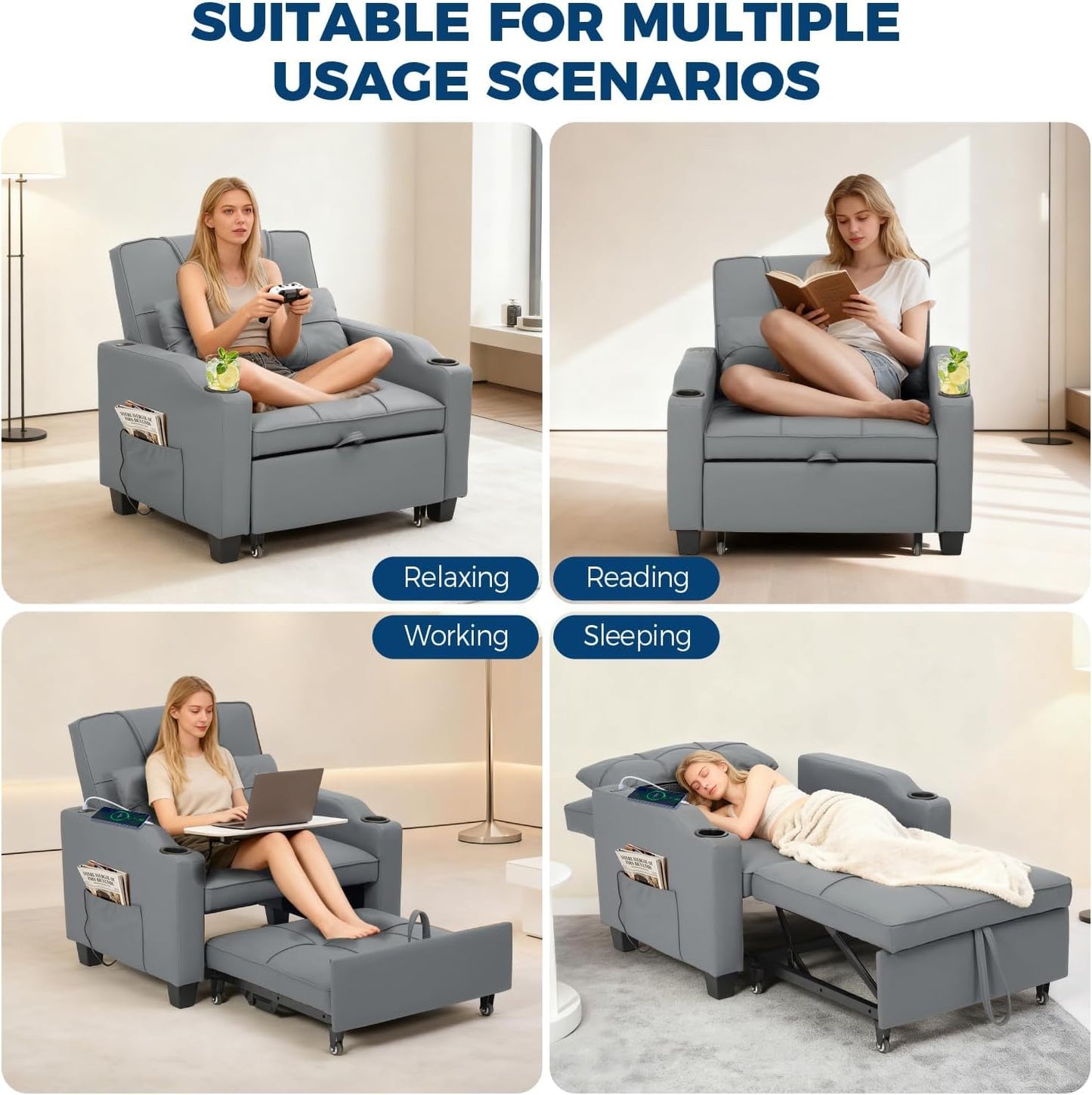 Sleeper Chair Pull Out Bed, 4 in 1 Convertible Sofa Chair Bed with Vibration Massage Lumbar Pillow, Single Sofa Recliner with USB/Type-C Port, Cup Holders and Side Pocket for Small Spaces (Grey)