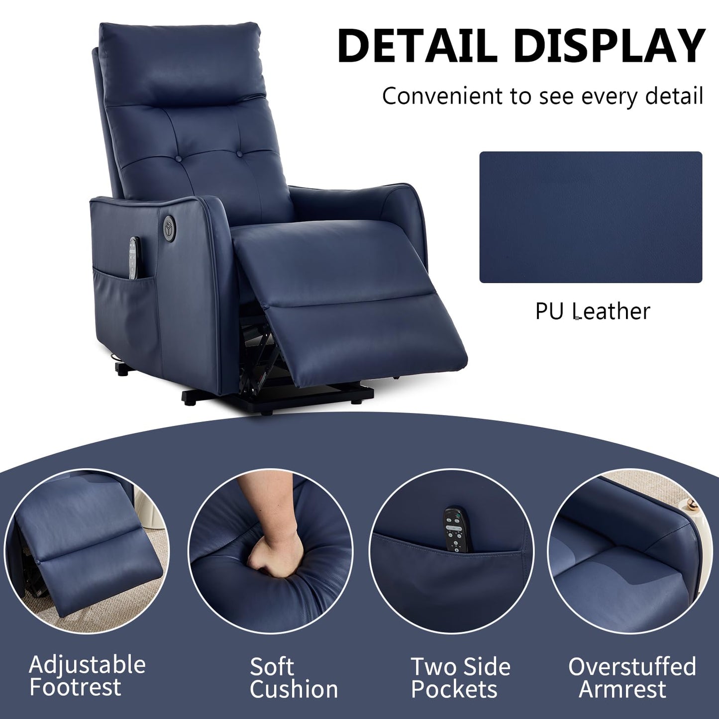 KEIKI Single Motor Power Lift Recliner Chair with Massage and Heat for Living Room, Synthetic Leather Upholstery with USB Charging Port and Side Pockets for Seniors