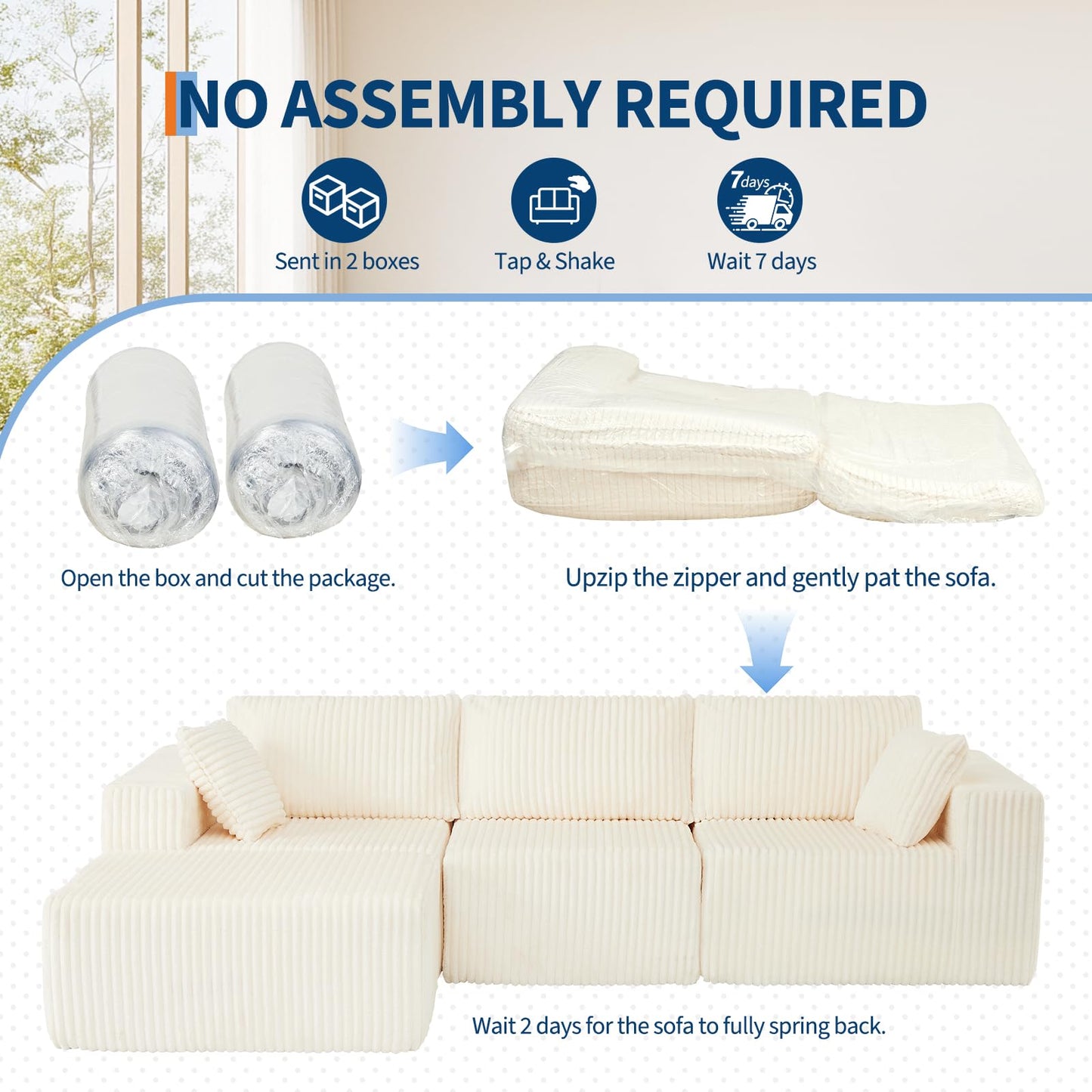 108" Modular Sectional Sofa Couches for Living Room Cloud Memory Boneless Couch No Assembly Required