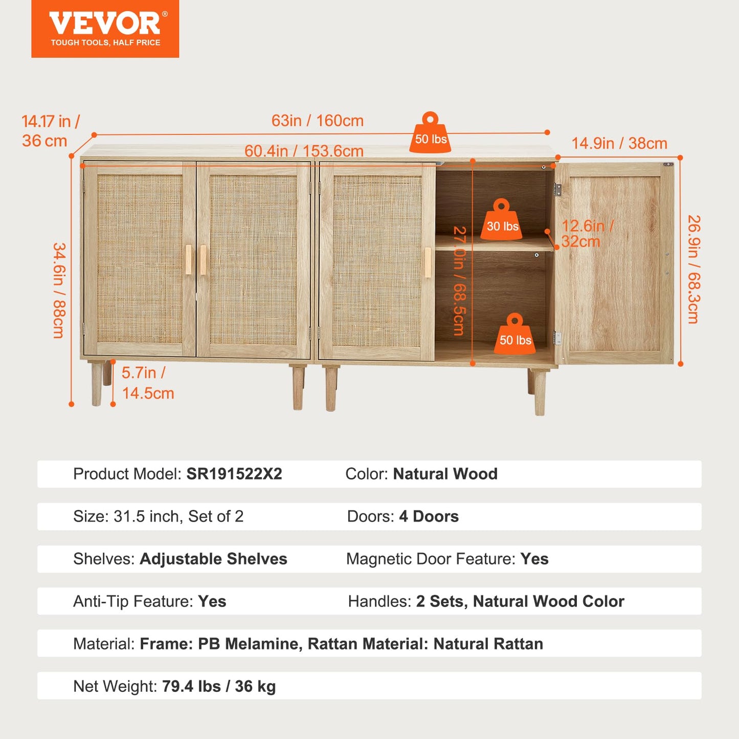 VEVOR Rattan Buffet Cabinet with Storage, 4 Magnetic Doors and Adjustable Shelves, Sideboard for Hallway, Living Room, Kitchen, Natural