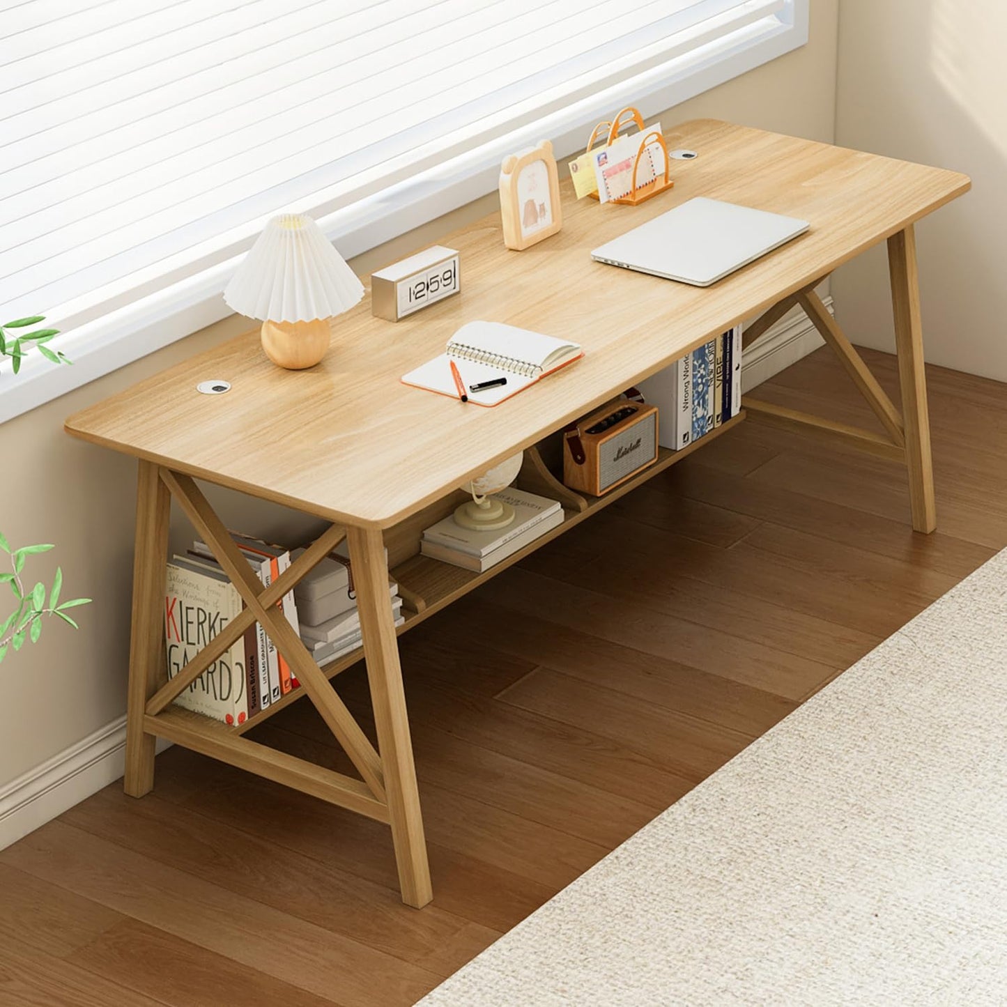 NELYE Extra Long Desk with Bookshelf - Wooden Home Office Work Study Table, 2-Person Writing Computer Workstation with Storage Shelf in Oak, 63" Wx24 Dx30 H