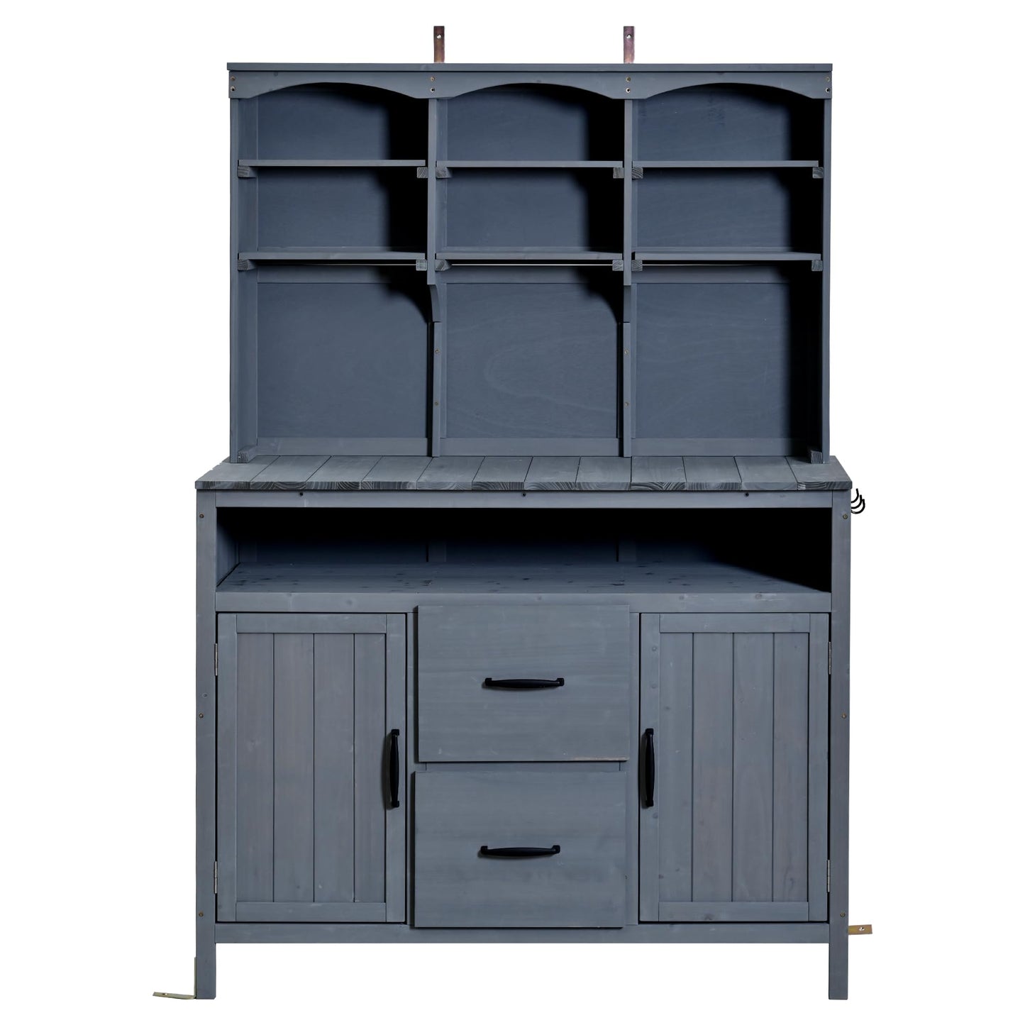 Merax 45.3" Large Outdoor Fir Wood Potting Bench with Storage, Multi-Functional Patio Kitchen Island with 6-Shelf Hutch+2 Cabinets+2 Drawers+3 Hooks, Garden Workstation for Planting, Gardening, Gray