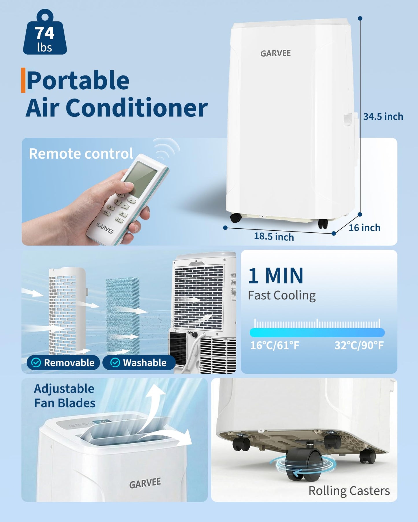 Garvee Portable Air Conditioner 14,000BTU, Remote Control, Portable AC Unit, Dehumidifier, Fan, 850Sq.Ft Cool/Dry/Swing,Quite,LCD Display,Fast Cool, Air Purification,1400W, CEER7.83,Grey