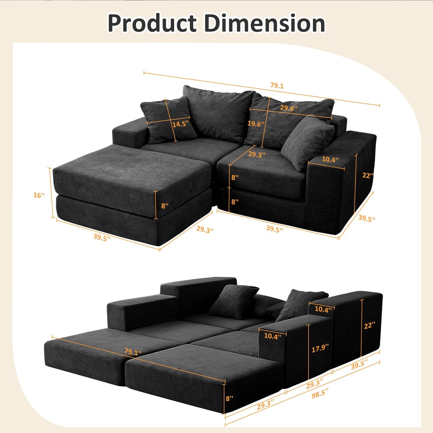 Modular Sectional Loveaeat Cloud Sofa, Boneless Couch with Non Slip Base, Cozy Sleeper Sofa for Customizable Living Spaces, Modern Modular Couch with L-Shape Chaise, Deep Seat & No Assembly, Black