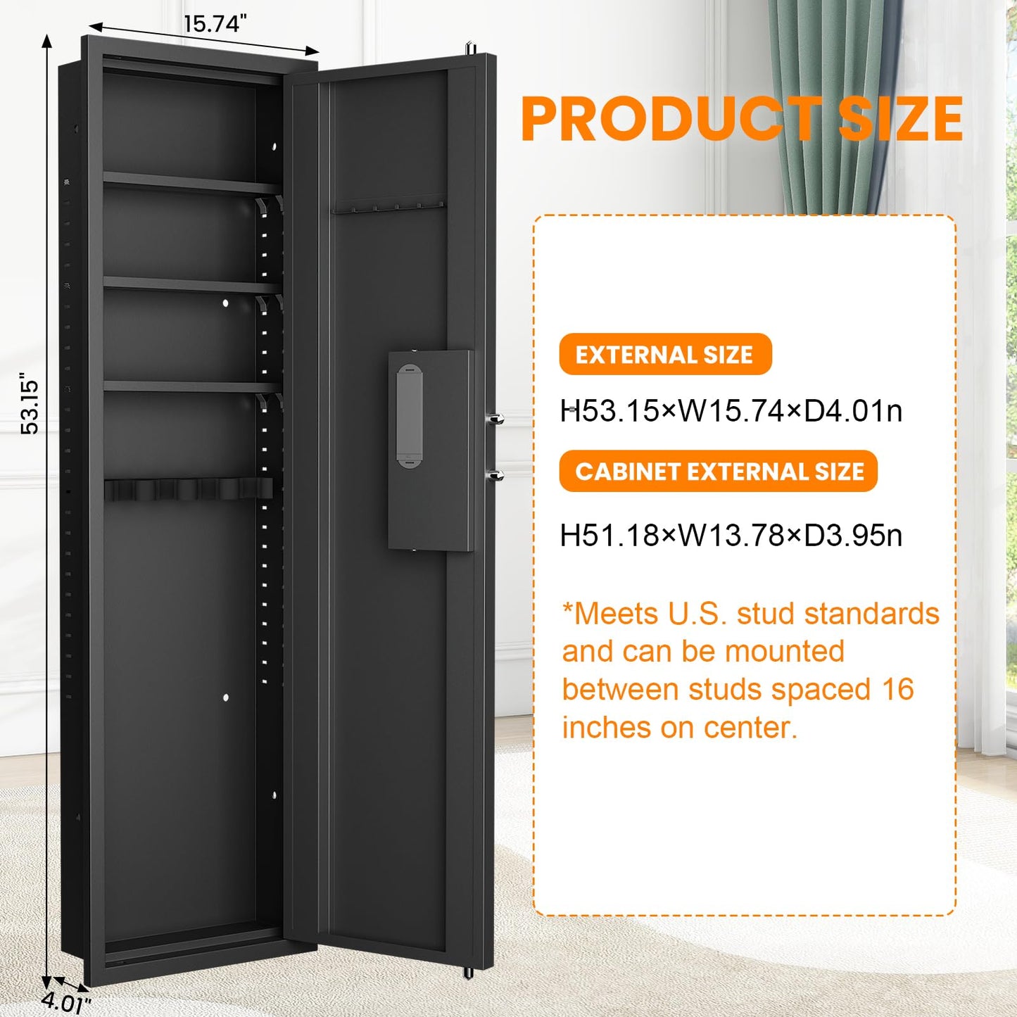 Omethey 53.15" Wall Safe Between the Studs, Hidden Safe with Dual Alarm System and Silent Mode, Wall Gun Safe with 3 Adjustable Shelves and Magnetic Slot (Black-Digital)