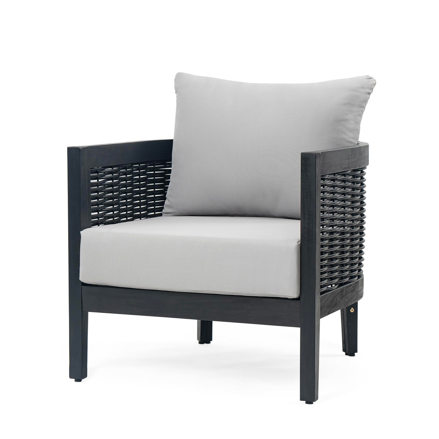 Christopher Knight Home Peron Patio 4-Seater Conversation Set, Sofa/Loveseat, 2 Club Chairs, Coffee Table, Cushion+Back Pillows, Acacia Wood+Wicker, Garden, Backyard, Poolside, Black + Light Grey