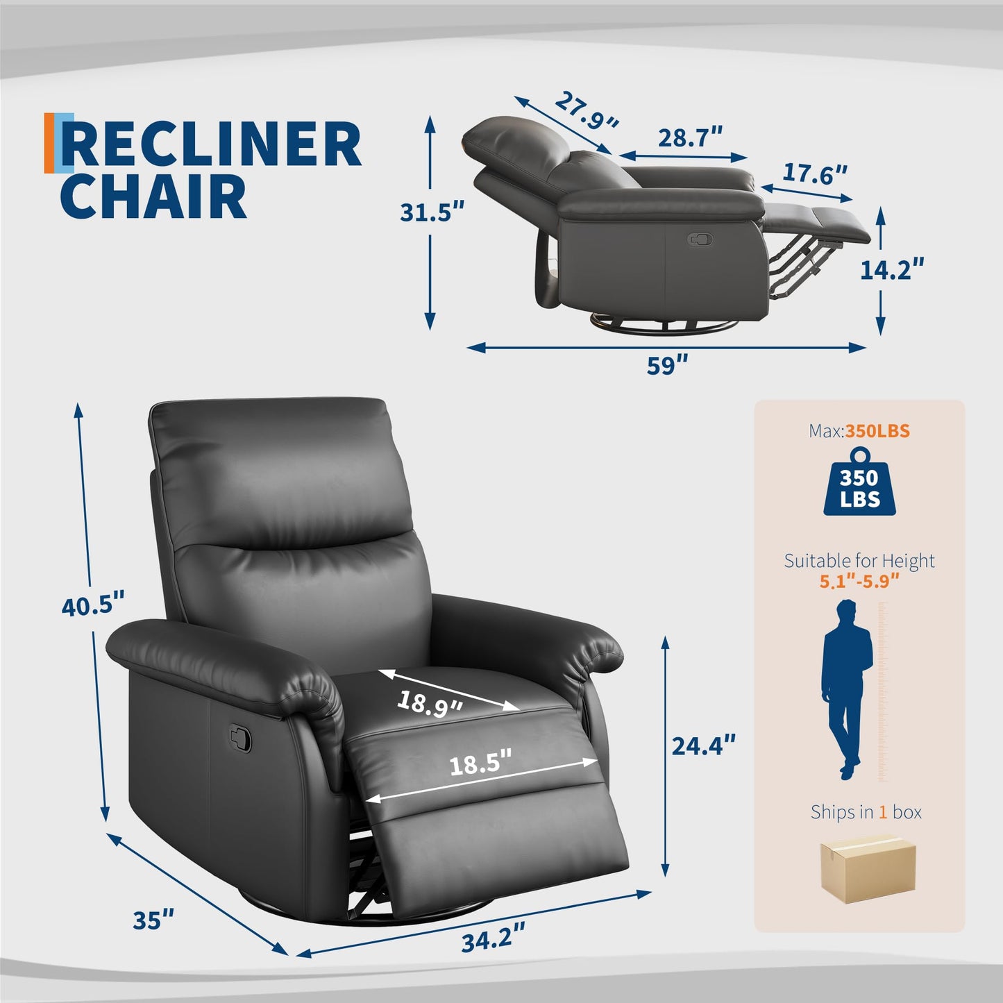 GAOMON Swivel Rocking Recliner Chair, Manual Leather Recliner Glider with Lumbar Support & Padded Armrest, Comfortable Rocker Nursery Single Sofa for Living Room and Bedroom (Black)