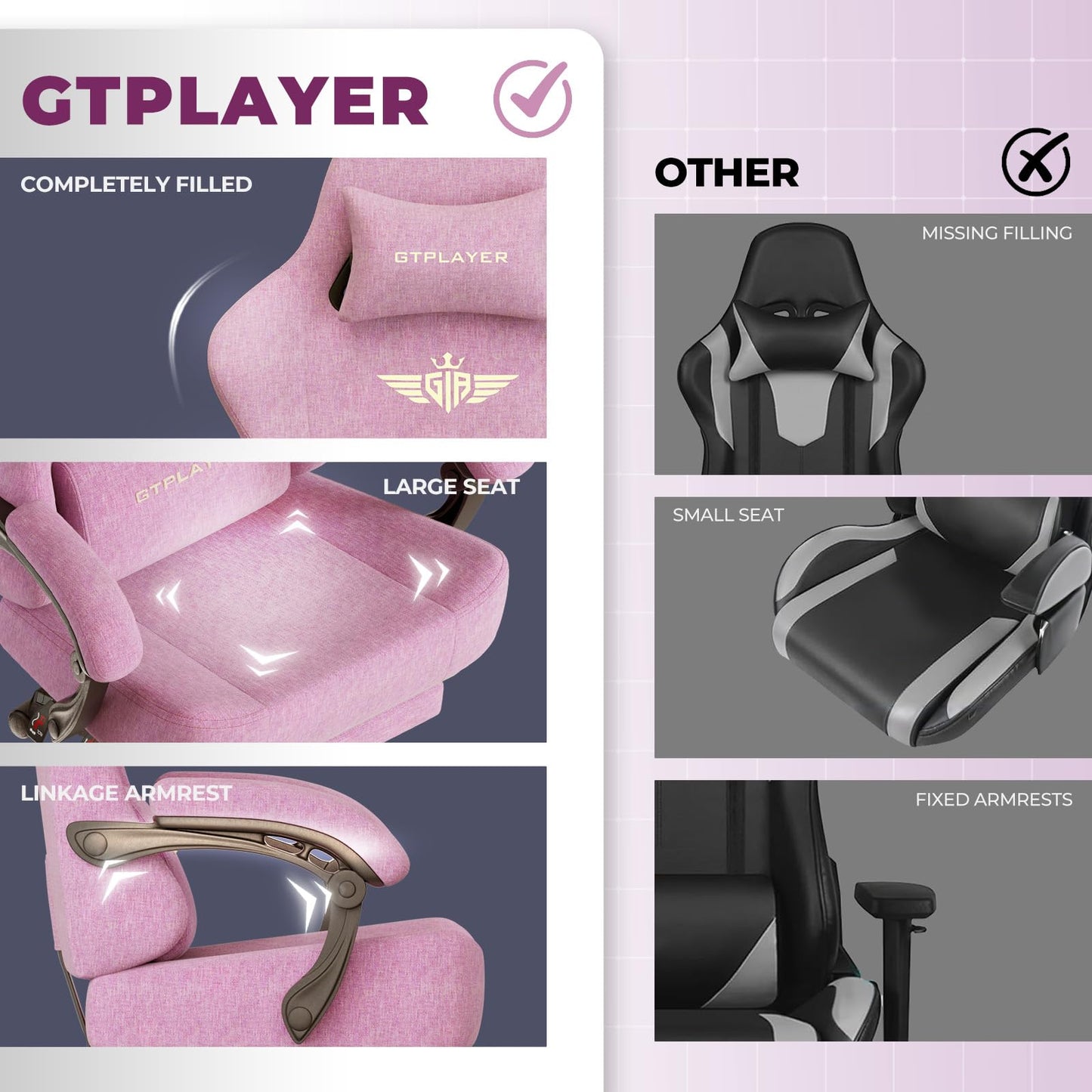 GTPLAYER Big and Tall Gaming Chair 400lbs Heavy Duty Office Chair with Foot Rest, High Back Pocket Spring Ergonomic Computer Chair for Adults, Wide Comfy Seated Cushion with Linkage Armrests, Pink