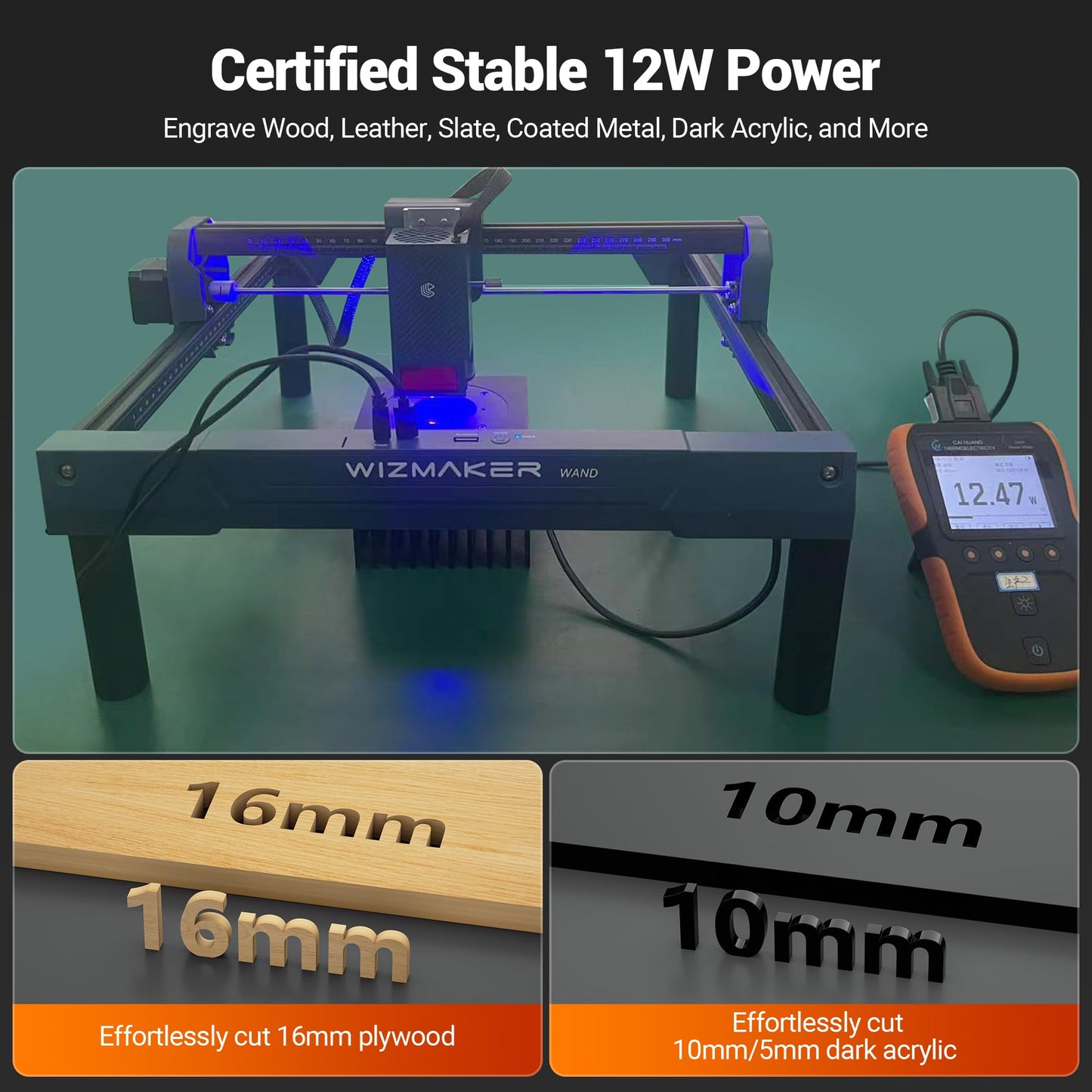 WIZMAKER Laser Engraver 12000mW, Compact Desktop Engraving Cutting Machine for Wood DIY Crafts, Small Business STEM Makers, 300×300mm Work Area, for Home, Acrylic, Metal 12W Laser Cutter