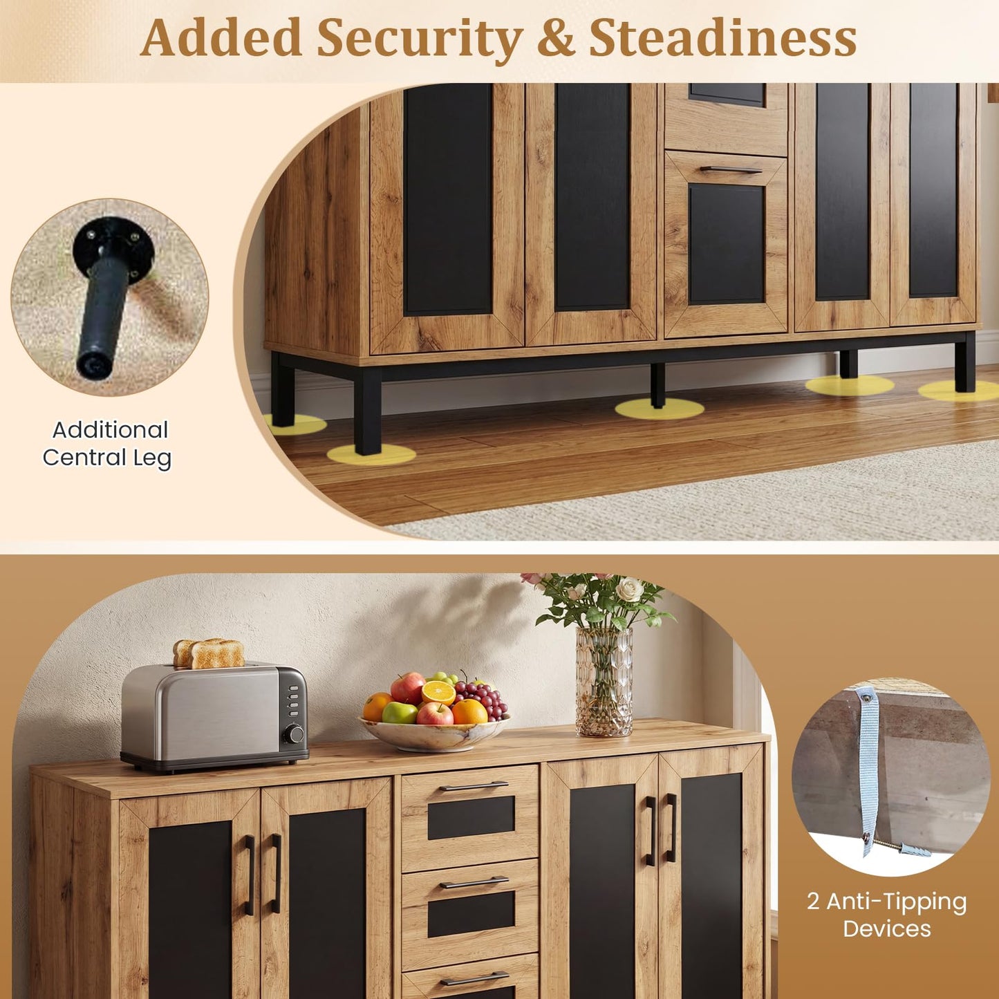 Giantex 63” Sideboard Buffet Cabinet, Large Farmhouse Organizer with 3 Drawers & Storage Shelves, 4-Door Modern Accent Coffee Bar Console Station for Kitchen, Entryway, Living Room