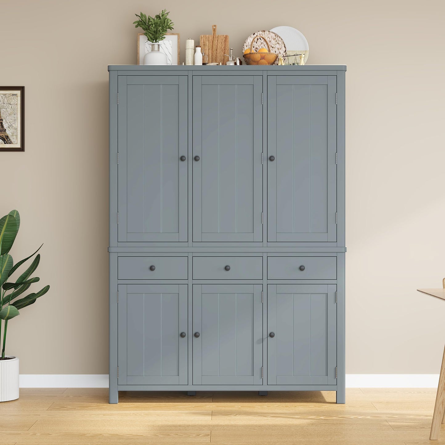 Merax 74.8'' Tall Kitchen Pantry Storage Cabinet with 6 Doors, 3 Drawers and Adjustable Shelves, Freestanding Large Cupboard & Pull-Out Trays for Kitchen, Dining Room, Living Room, Gray