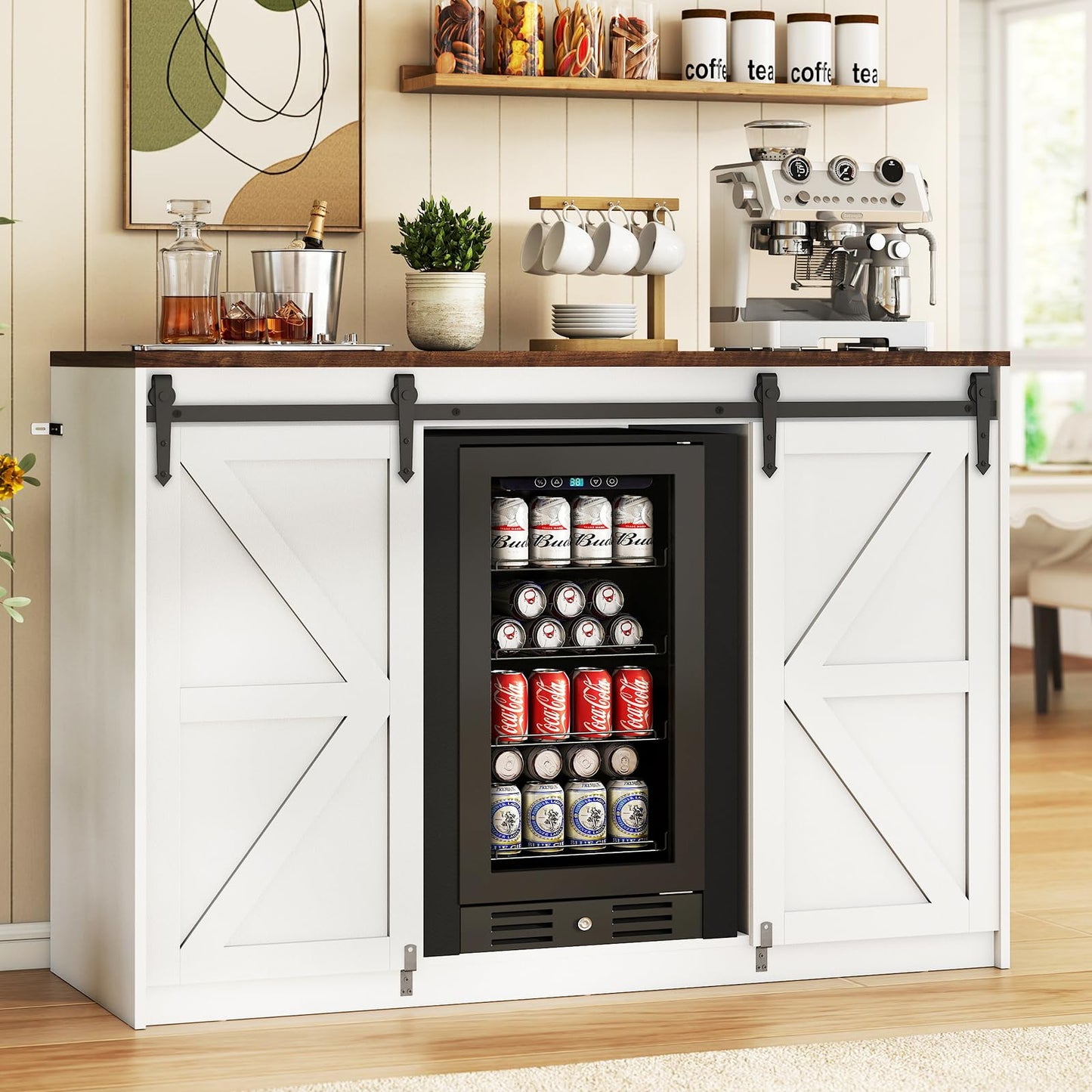 Lamtor Coffee Bar Cabinet with Storage - 53" Farmhouse Coffee Bar with Barn Doors, Mini Fridge Cabinet with Power Outlet for Kitchen Dining Room Living Room, White