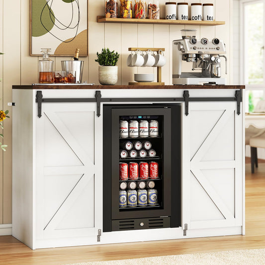 Lamtor Coffee Bar Cabinet with Storage - 53" Farmhouse Coffee Bar with Barn Doors, Mini Fridge Cabinet with Power Outlet for Kitchen Dining Room Living Room, White