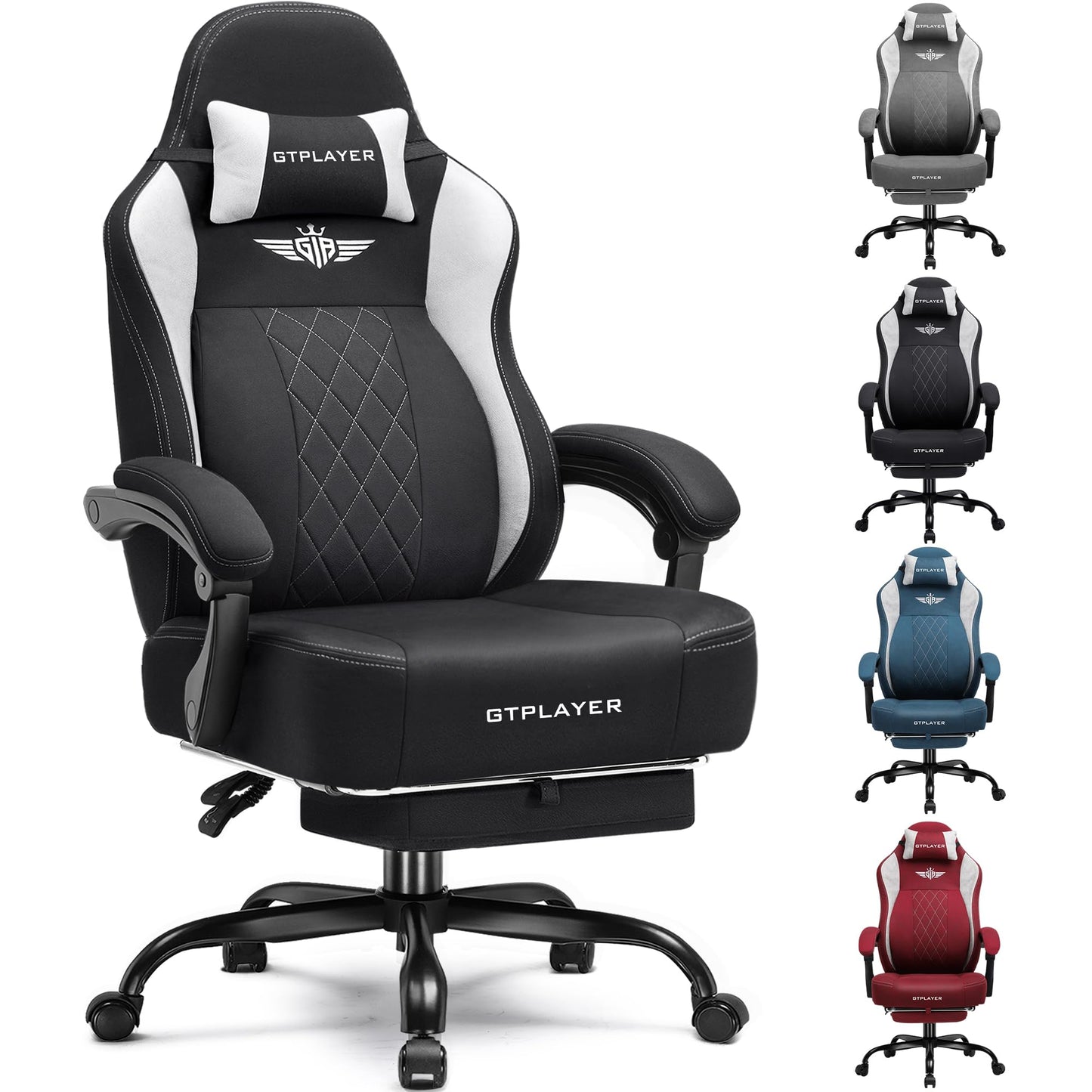 GTPLAYER Big and Tall Gaming Chair Breathable Fabric Computer Chair with Strong Lumbar Support, Comfortable Office Chairs with Pocket Spring Cushion, High Back Ergonomic Desk Chairs with Footrest