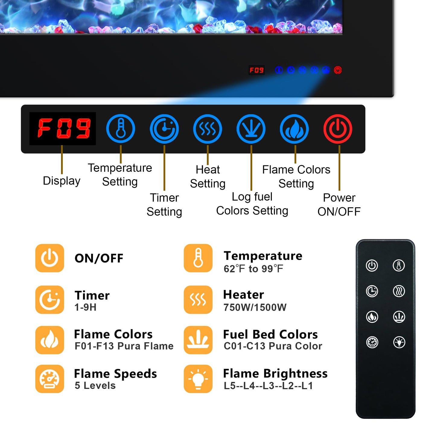 Oxhark Flame 72 Inches Electric Fireplace, Wall Mounted Fireplace Inserts Electric Heater, Flame Effects Like Real Flame, Low Noise, Timer & Thermostat Setting, 750W/1500W