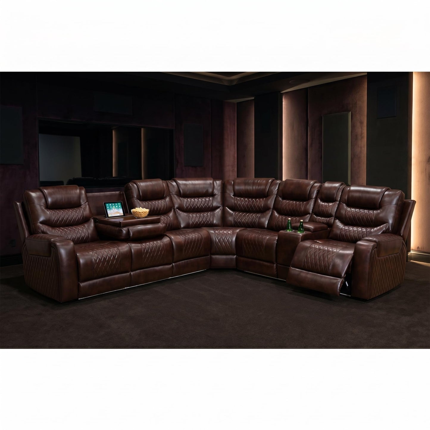 Trygoal Power Reclining Sectional Sofa Set, Modern L-Shaped Couch with Recliner, 4 Seat Power Reclining Sofa, Reclining Sectional Couches for Living Room, Home, Office, Leather, Dark Red