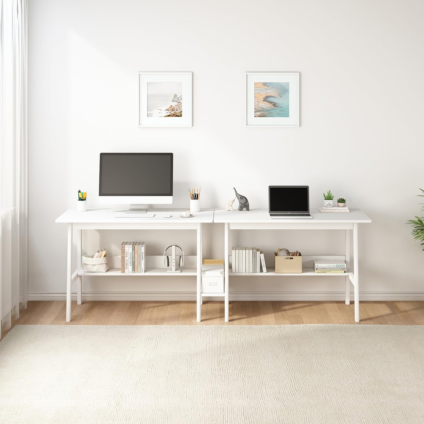 NELYE 2-Person Writing Desk with Bookshelf - 110" Wooden Extra Long Home Office Work Table, Double Study Computer Workstation with Storage Shelves in White, 110" W x 24" D