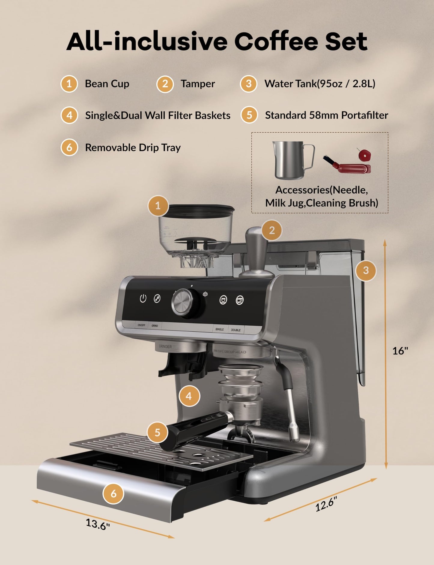 GarveeHome Espresso Machine With Grinder, 20 Bar Semi-Automatic Espresso Coffee Maker With Milk Frother Steamer Wand Cappuccino Latte Macchiato, 95 oz Water Tank, PID Temperature Control, Light Gray