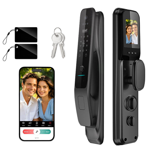YINTIN 3D Face Recognition Smart Lock with Camera & Handle, Palm Vein Keyless Entry, Fingerprint Door Lock & Video Doorbell, 8-in-1 Unlock, Mortise Lock, Tuya App, 2-Way Talk, IP67 for Front Door.