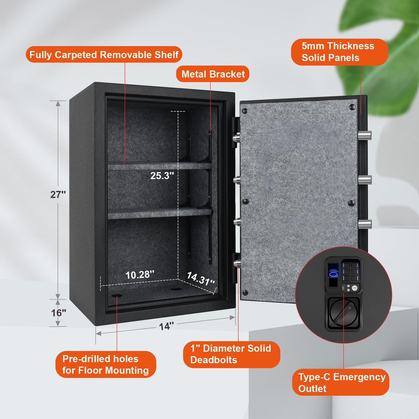3.5 Cu ft Biometric Fireproof Safe Box, Finger Vein Fire Resistant Security Safe