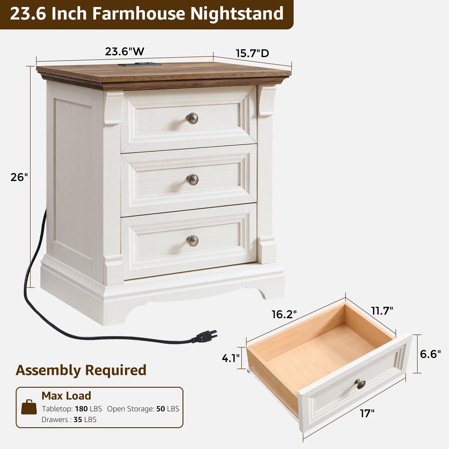 T4TREAM Farmhouse 26" Tall Nightstand with Charging Station, 23.6" End Table with 3 Drawers Storage, Wood Side Table w/Roman Column, Bedside Cabinet for Bedroom, Living Room, Antique White