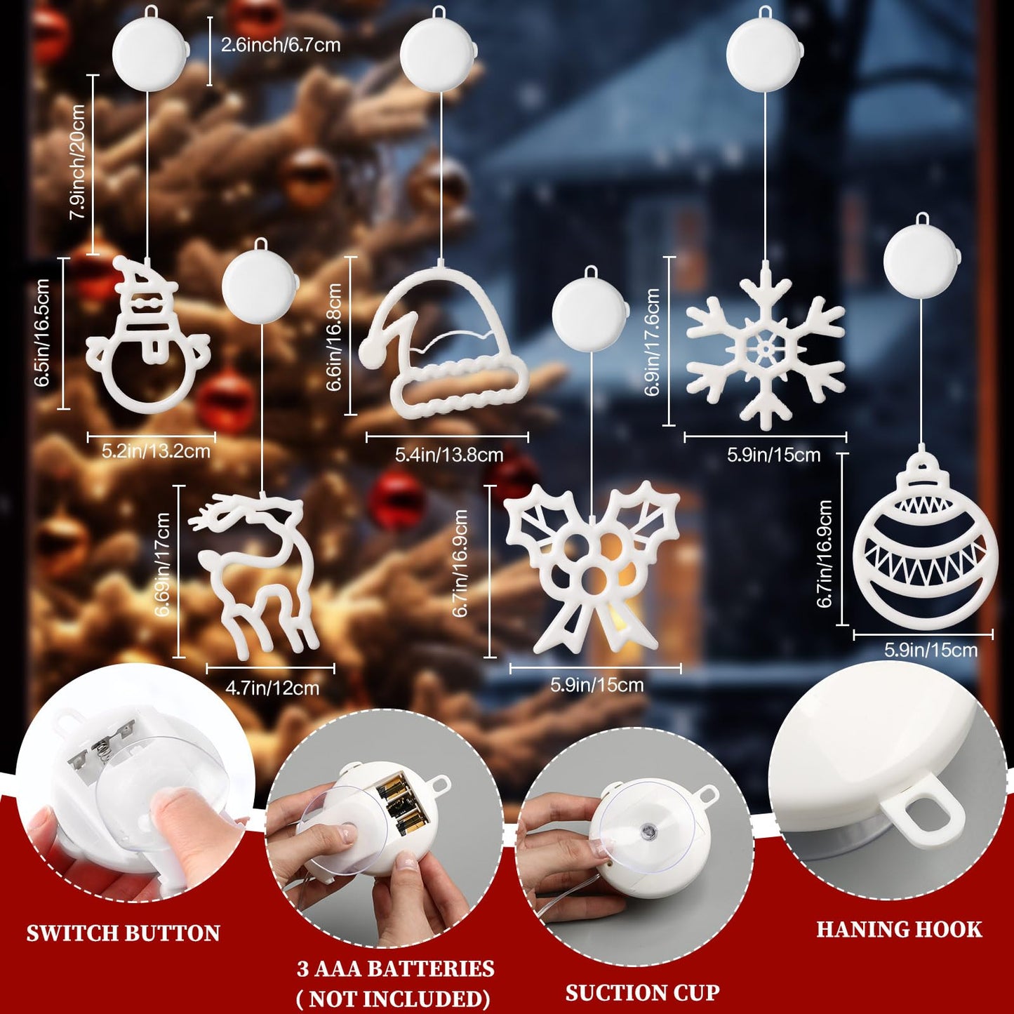 Gejoy Christmas Window Lights - 6 Pcs Warm White Acrylic Silhouette Decor, Timer Suction Cup, GJ-Gejoy-887, Cute Style