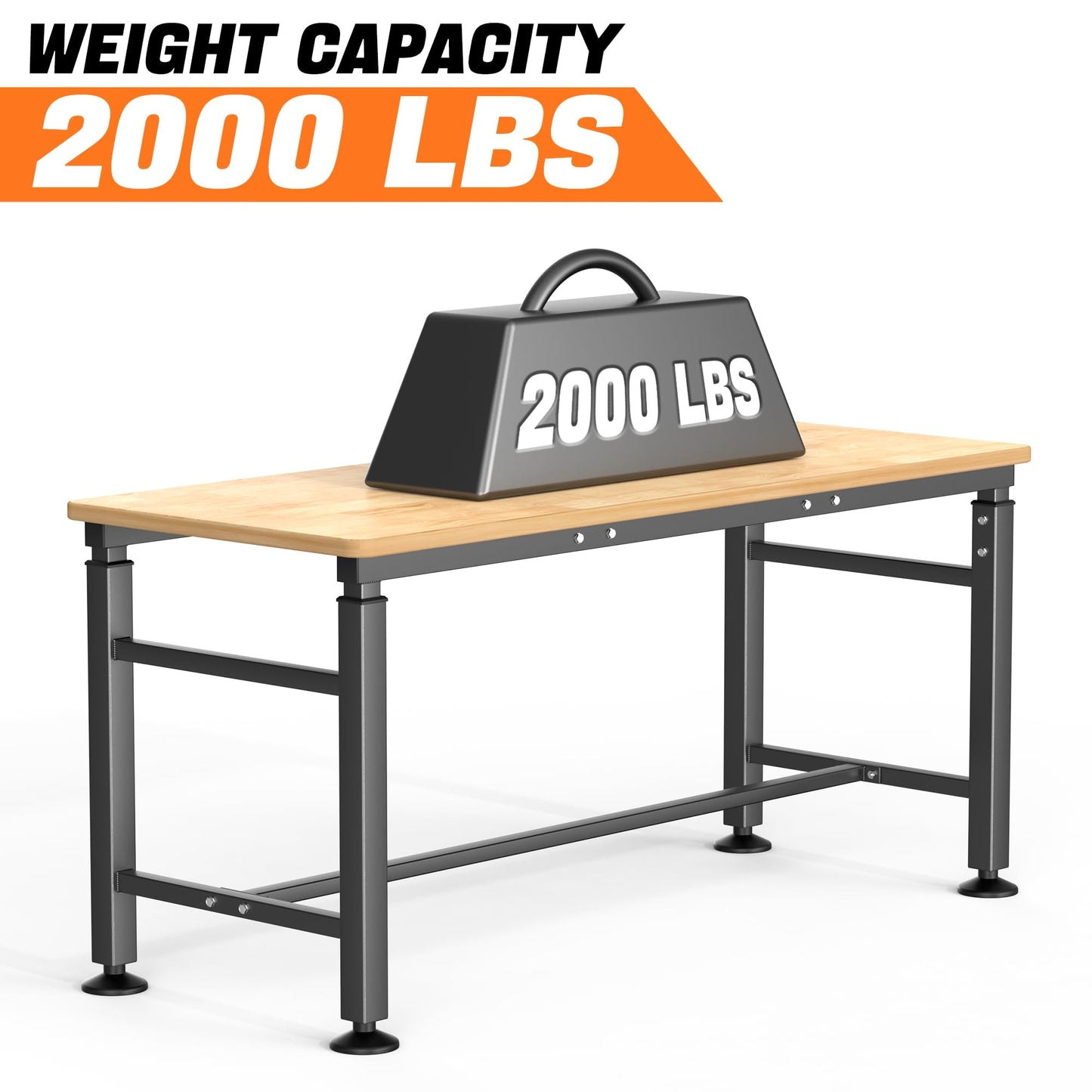 TORACK Adjustable Workbench with Rubberwood Top, 60" x 23.5" Heavy-Duty Garage Work Table, Height Adjustable 29"–41", Supports Up to 2000 lbs