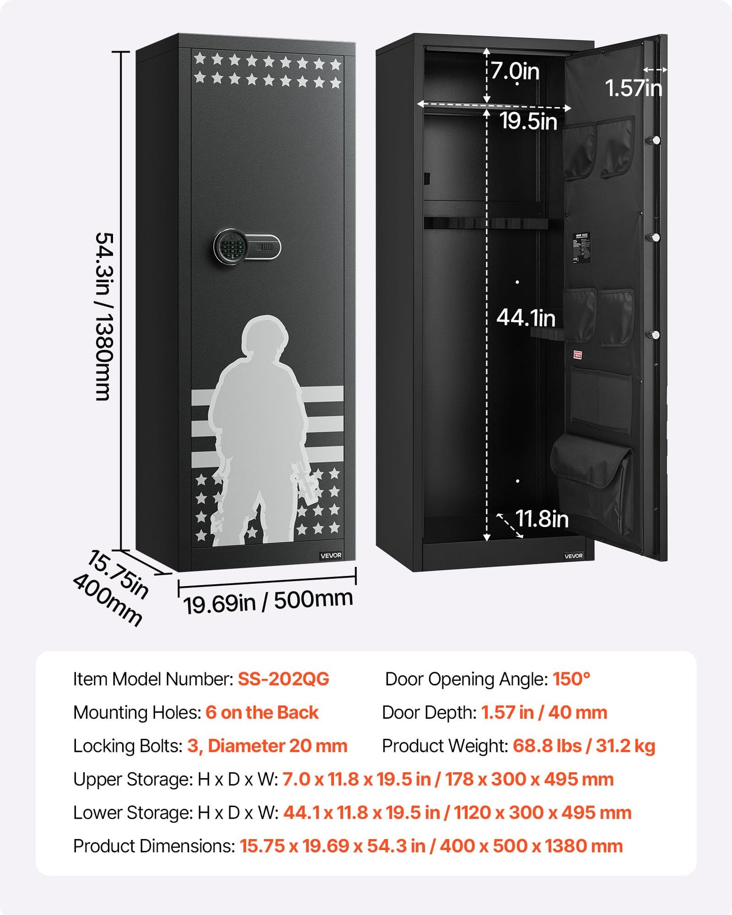 VEVOR 10-12 Gun Safe, Long Gun Cabinet for Rifles and Pistols, Quick Access Rifle Safe with 4 Pistol Pockets and 3 Adjustable Racks, Large Digital Cabinet with Key and Password Lock(Assembly Required)