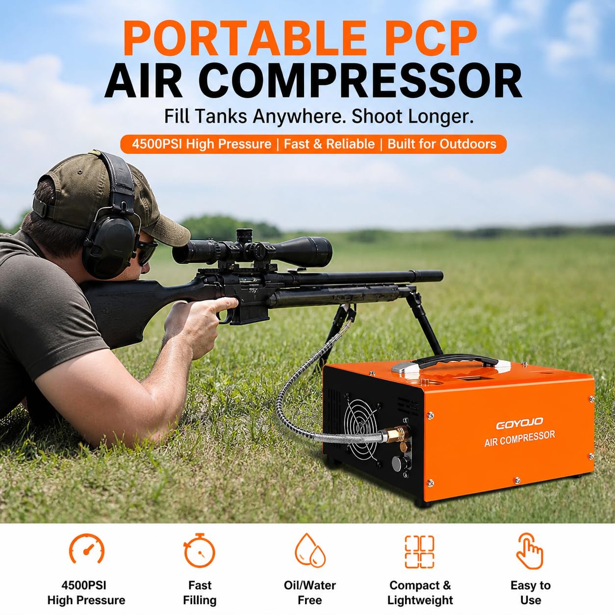 PCP Air Compressor, 4500 PSI/30MPa, Dual Power 12V DC/110V-230V AC, Auto Shut-Off, Portable High Pressure Pump for Airgun Paintball Scuba Tank