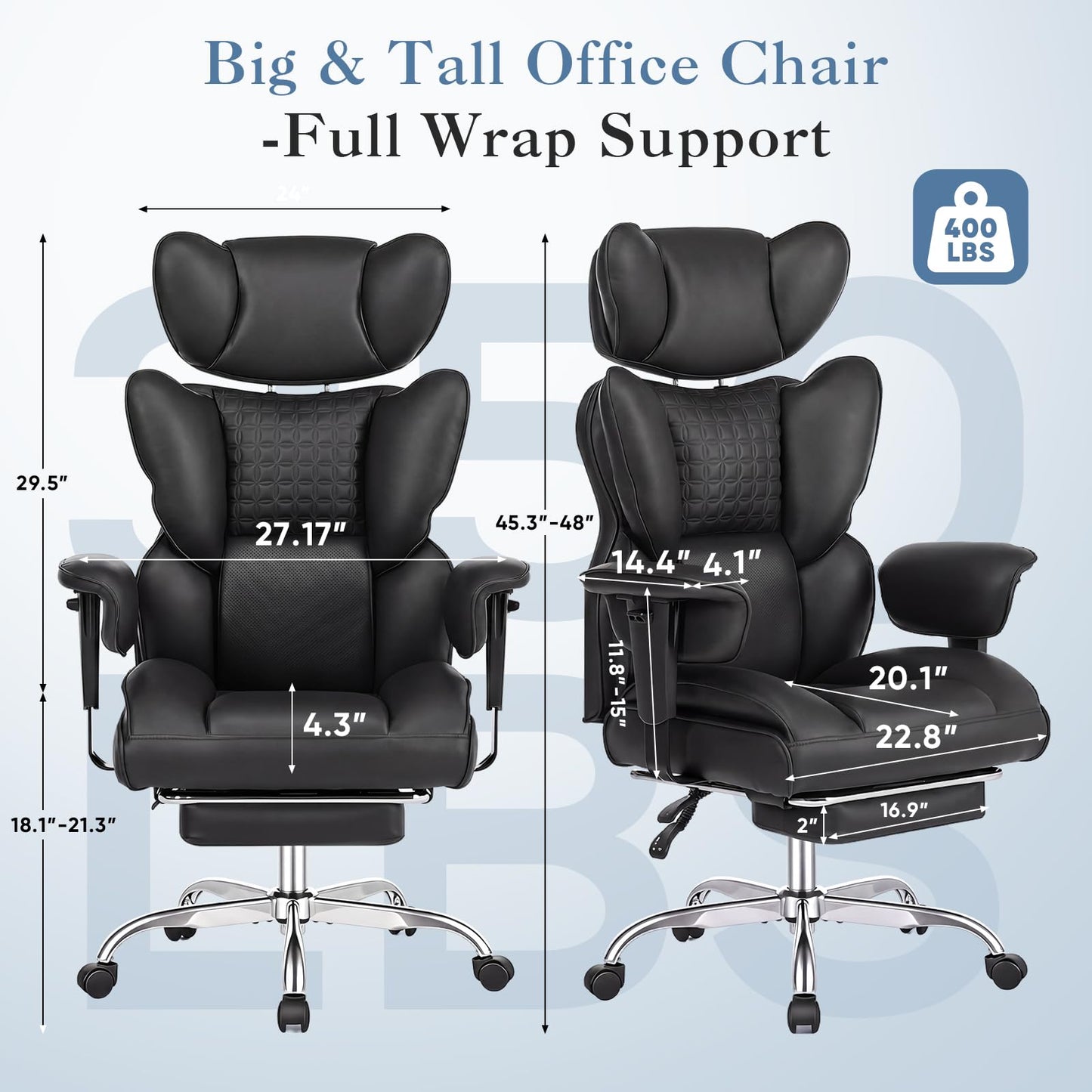 DUMOS Big and Tall Home Office Desk Chair, Gaming Computer Chair, Executive Ergonomic Chair with Footrest, High Back Reclining, Adjustable Armrests and Comfy Lumbar Support, PU Leather, Black