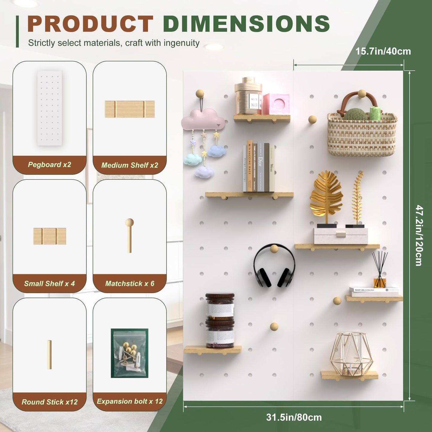 Wood Peg Board Wall Organizer Thick Wooden Pegboard Kit (120X160cm)