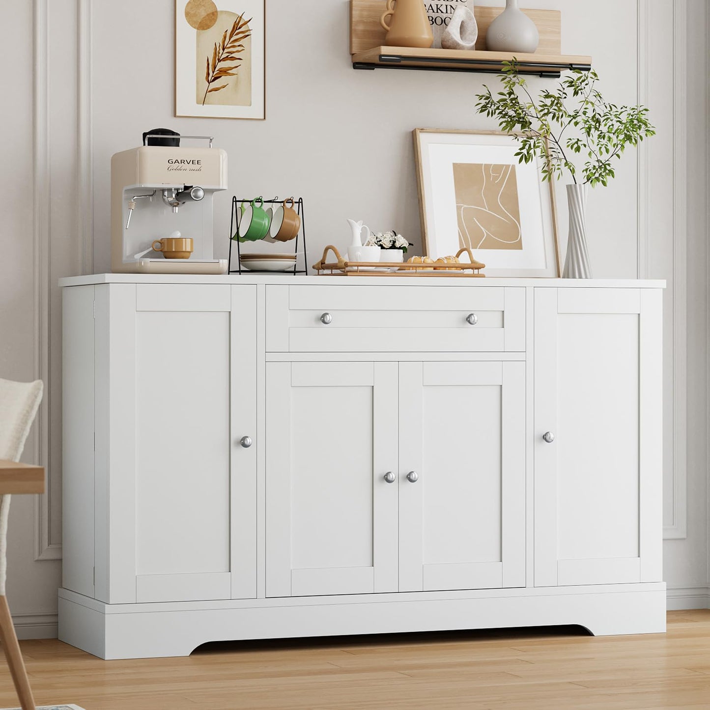 MegaChoice Modern Sideboard Buffet Cabinet with Storage, 55 in Wood Coffee Bar Cabinet with Drawer, Shelves & Door Shelves, Buffet Table Credenzas for Kitchen Dining Room Living Room, White