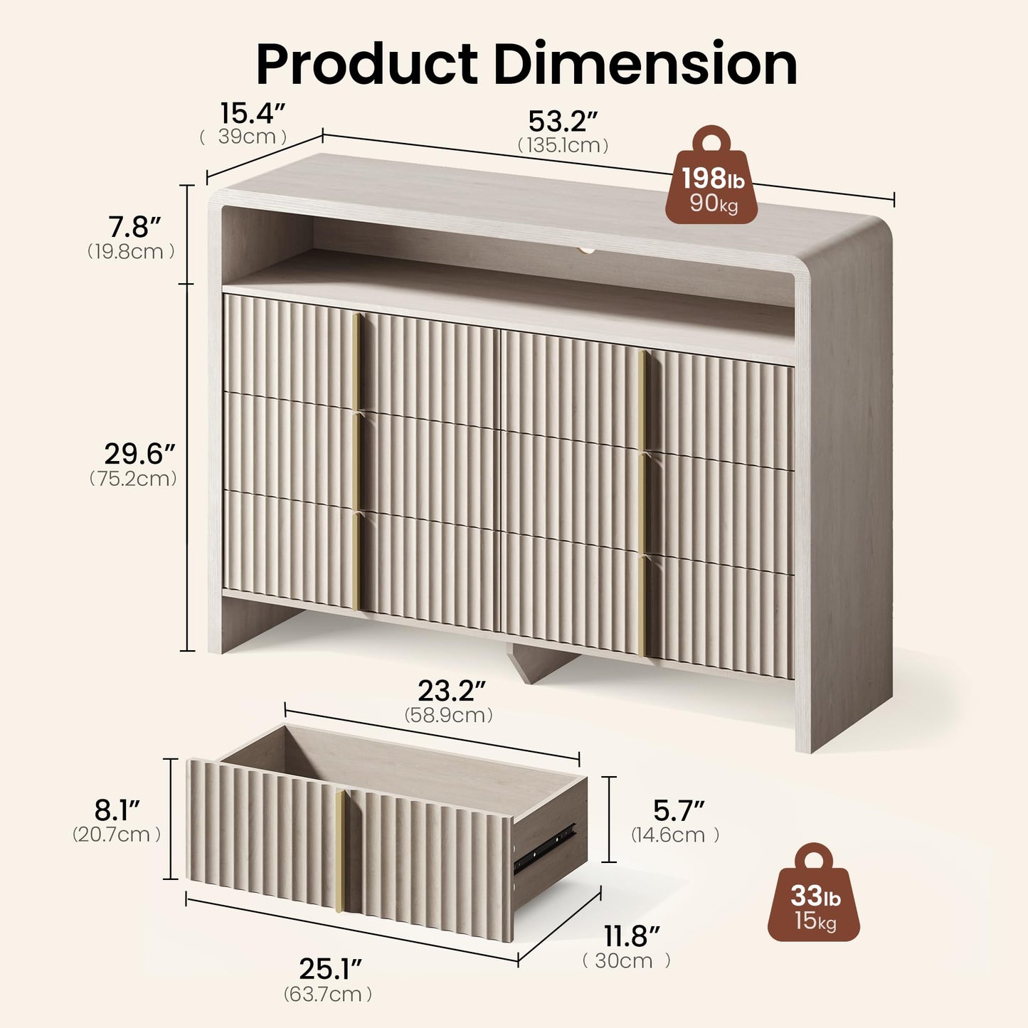 ModernMate 6 Drawer Dresser with Open Shelf, 53.2" Wide Fluted Dresser for Bedroom, Wood Chest of Drawers, Modern Storage Cabinet with Metal Handles, Anti-Tip Clothes Organizer, White Alder