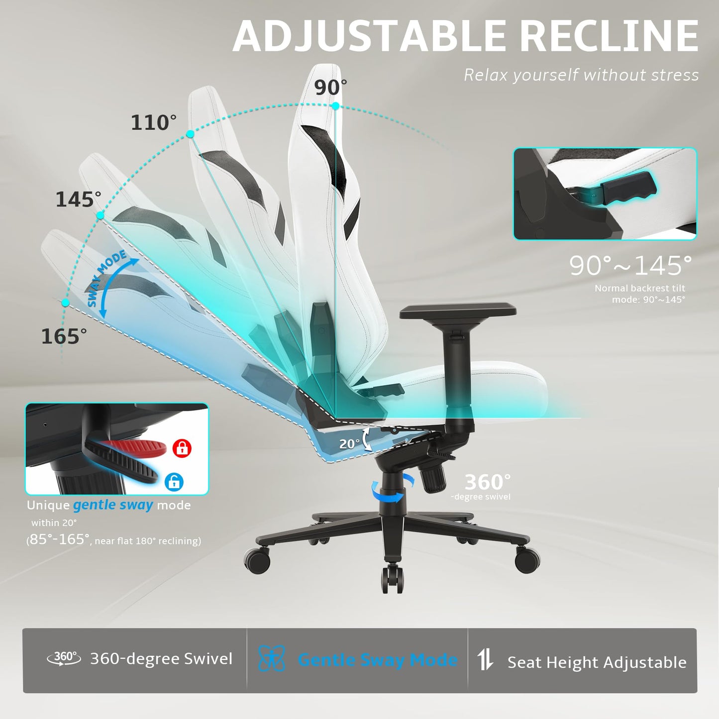 Ergonomic Gaming Chair, Wyrdforging Computer Desk Chairs, 4D Armrests, High Back Office Chair With Headrest & Lumbar Pillow, Tilt Rocker Recliner, Heavy-Duty Base, White PU Leather & Black Suede Combo