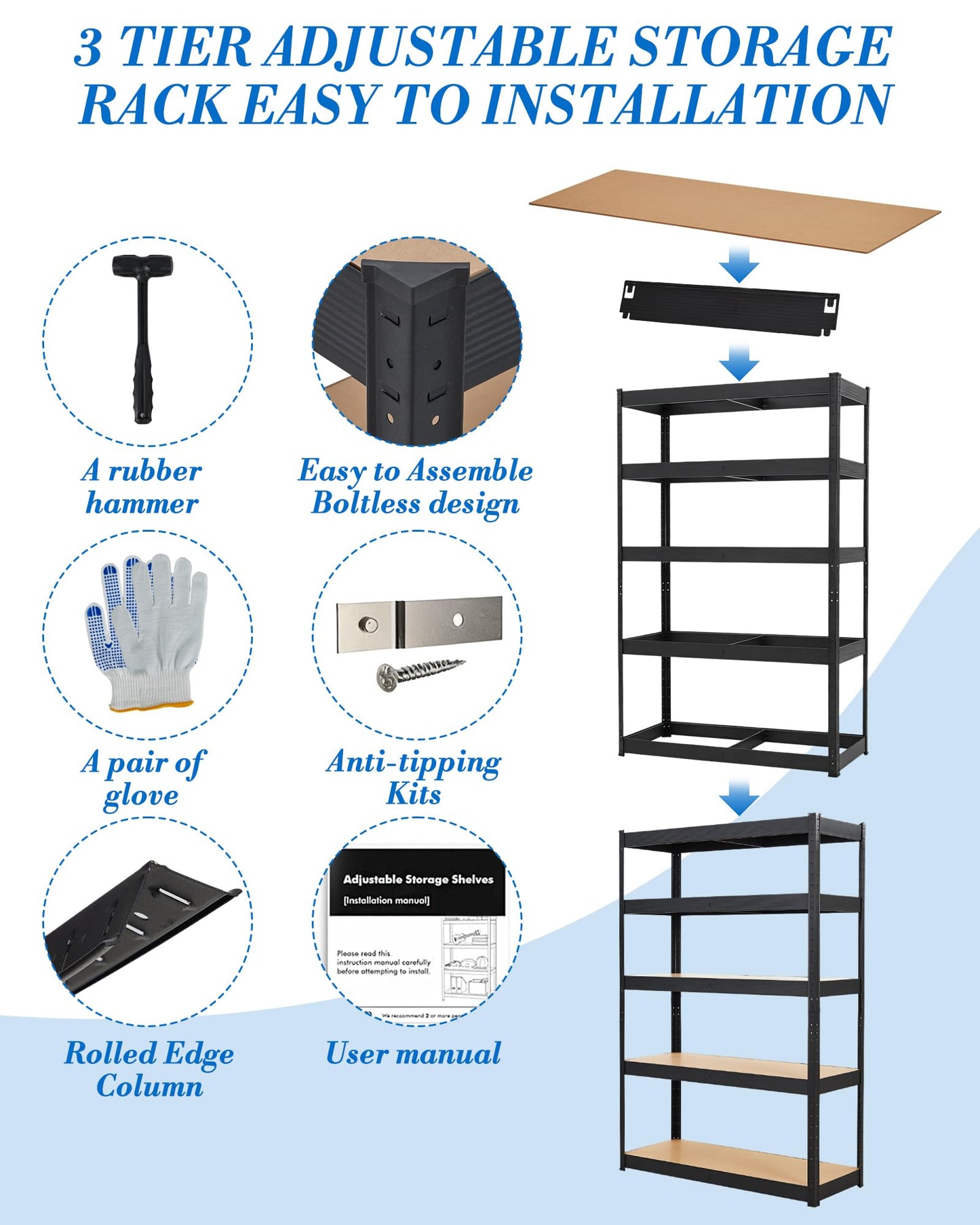 Garage Storage Shelves,48x24x72 Heavy Duty Garage Shelving Metal Adjustable Garage Shelves,5-Tier Adjustable Shelving Units,Loads 2000 LBS,Metal Storage Utility Racks for Warehouse,Pantry, Basement
