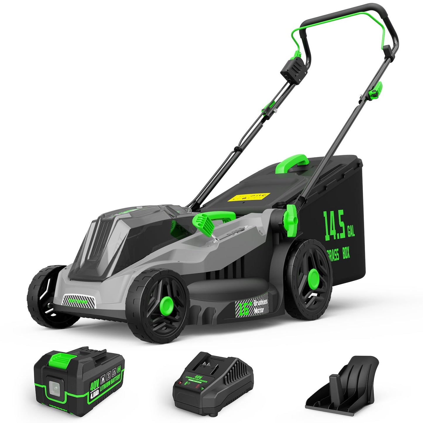 Grelawner 40V Cordless Lawn Mower, 16-Inch Brushless Electric Push Mower with 4.0Ah Battery & Charger, 2-in-1 Mulching and Bagging, 5-Position Height Adjustment, Lightweight Foldable Design, Green